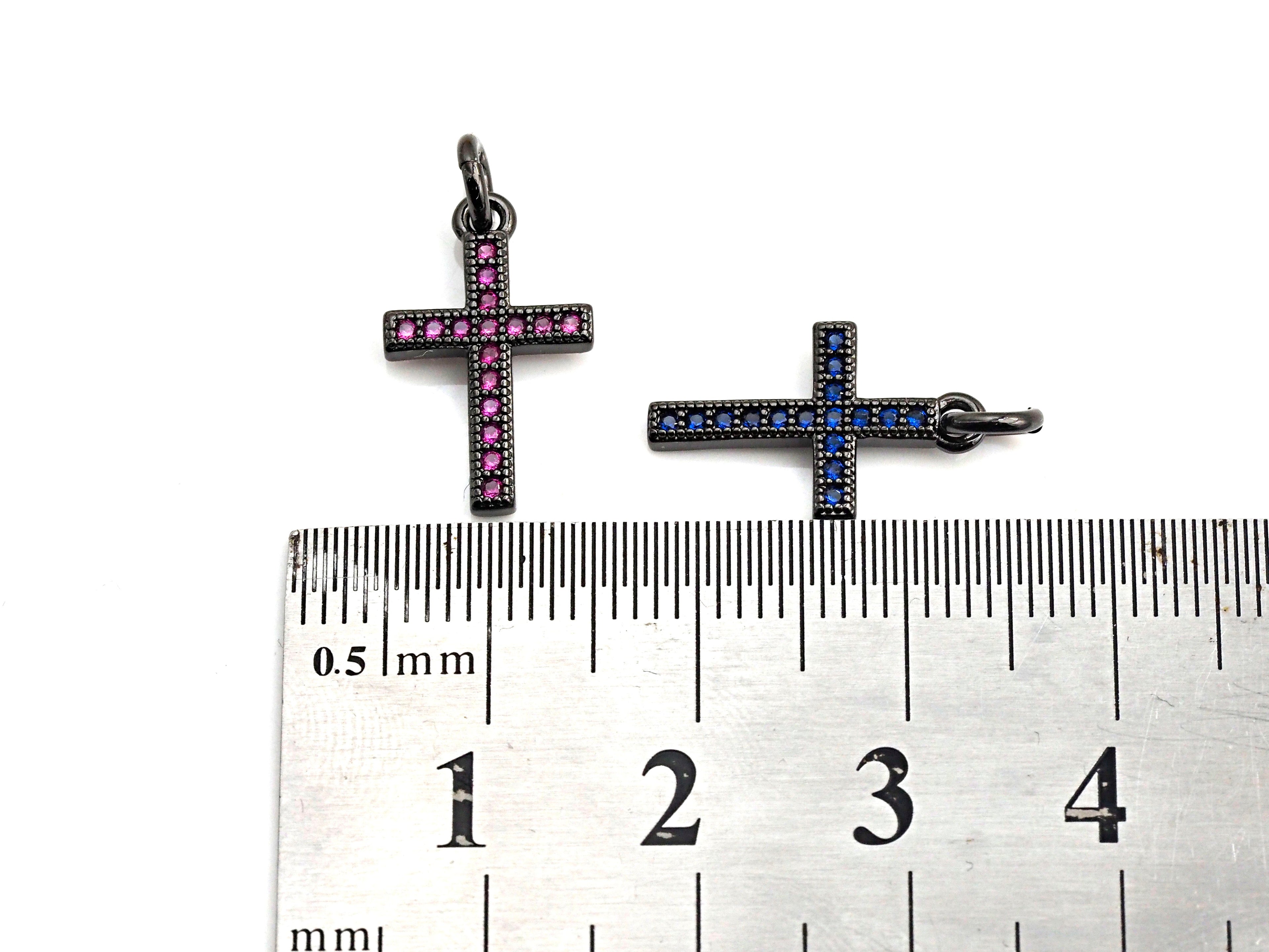 CZ Micro Pave Cross Charm, Black/Fuchsia/Turquoise/Cobalt Blue Cubic Zirconia Cross, 10x16mm, sku#X143