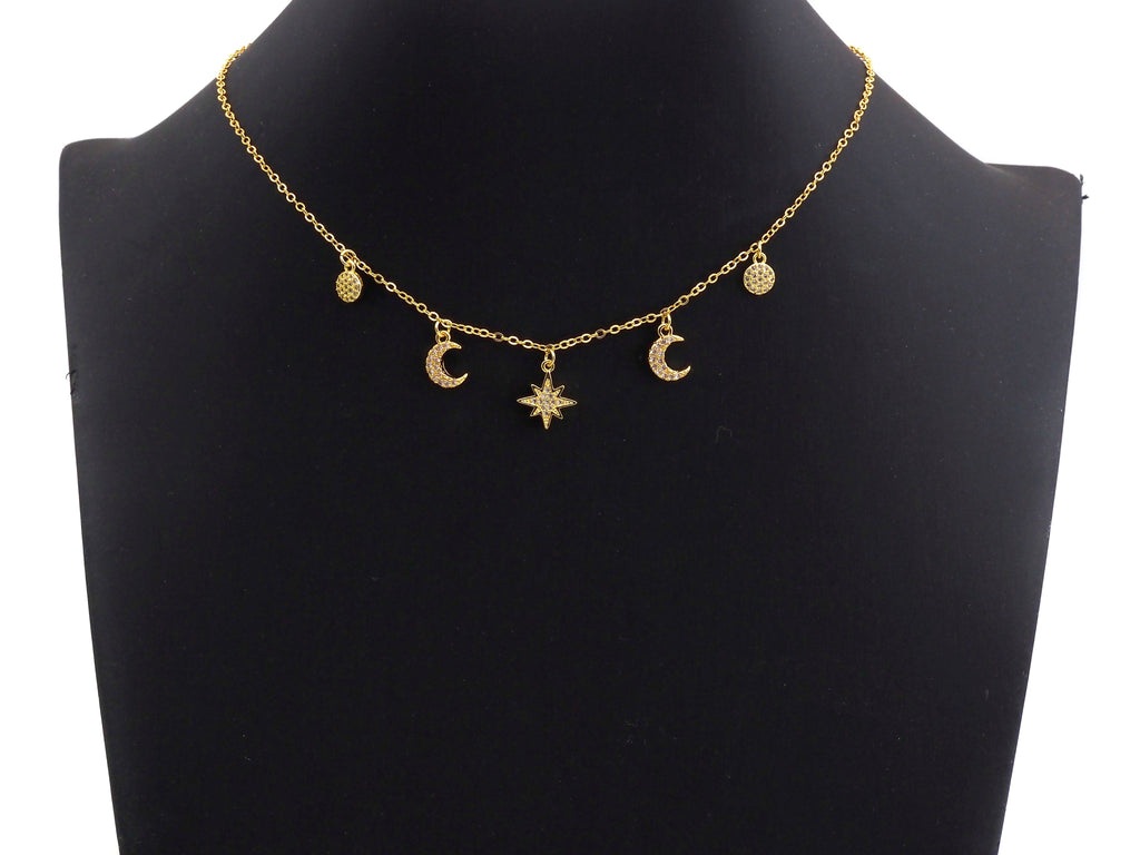 Gold Moon Star Coin Charm Necklace, z708