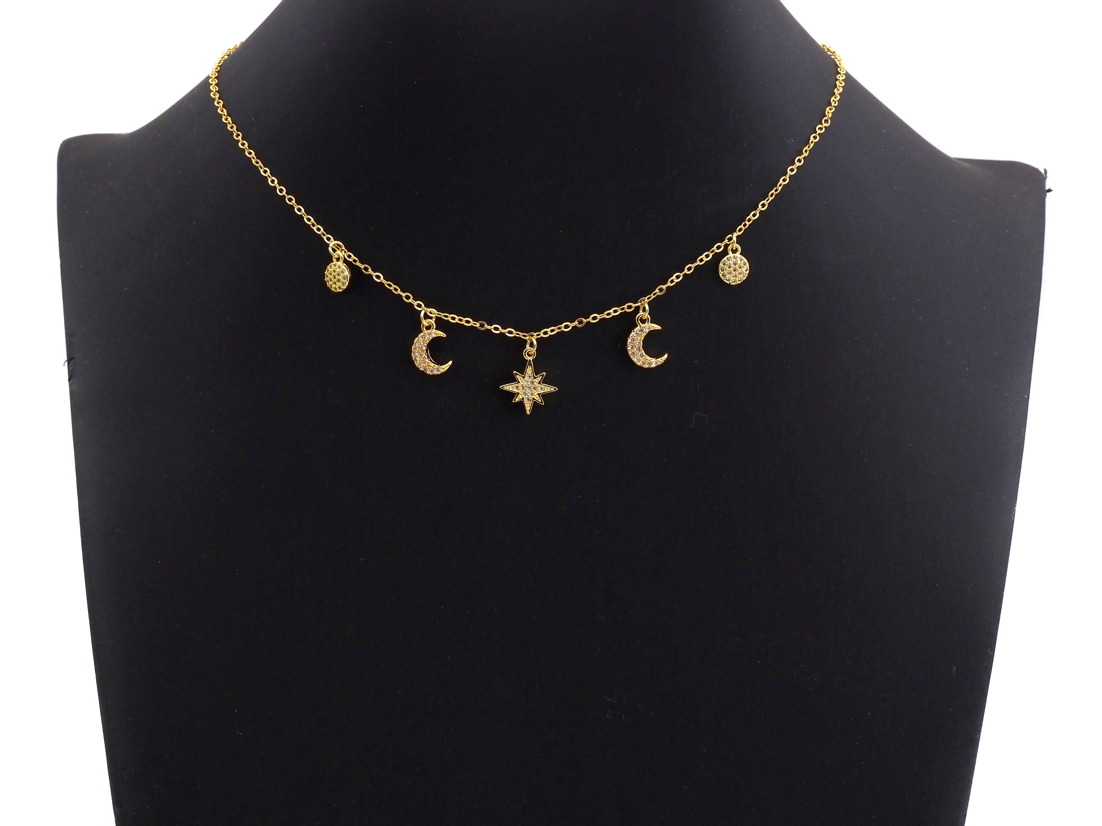 Gold Moon Star Coin Charm Necklace, z708