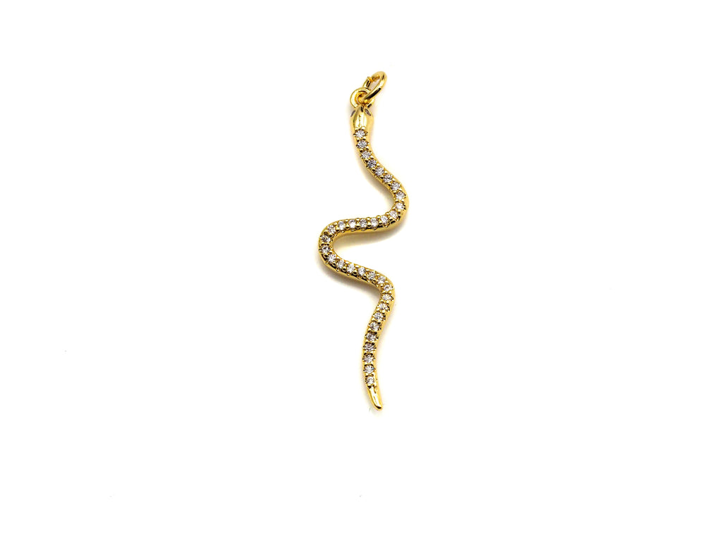 Clear CZ Micro Pave Snake Shape Pendant/Charm, Snakea Cubic Zirconia Pendant,Gold Tone, 10x39mm,Sku#Z795