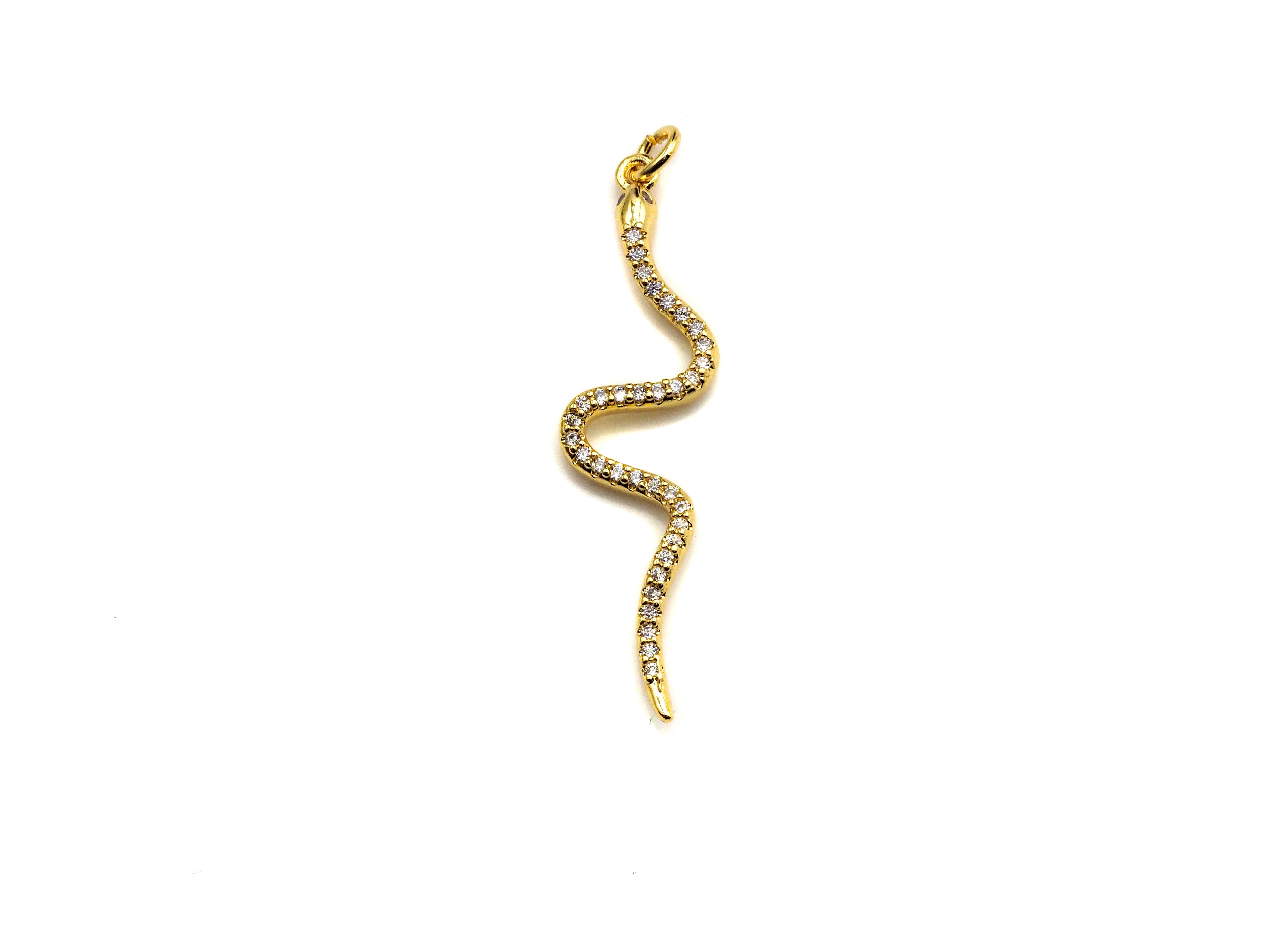 Clear CZ Micro Pave Snake Shape Pendant/Charm, Snakea Cubic Zirconia Pendant,Gold Tone, 10x39mm,Sku#Z795