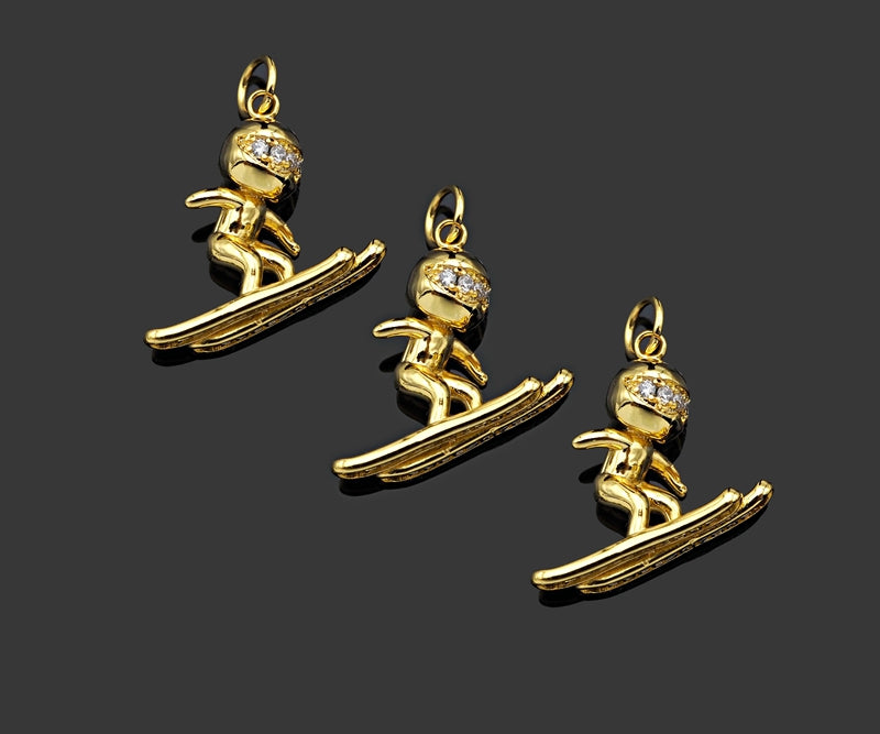 Gold Filled CZ Micro Pave Skiing Shape Pendant, 18K Gold Filled Skiing Charm, Necklace Bracelet Charm Pendant, 18x15mm,Sku#Y470