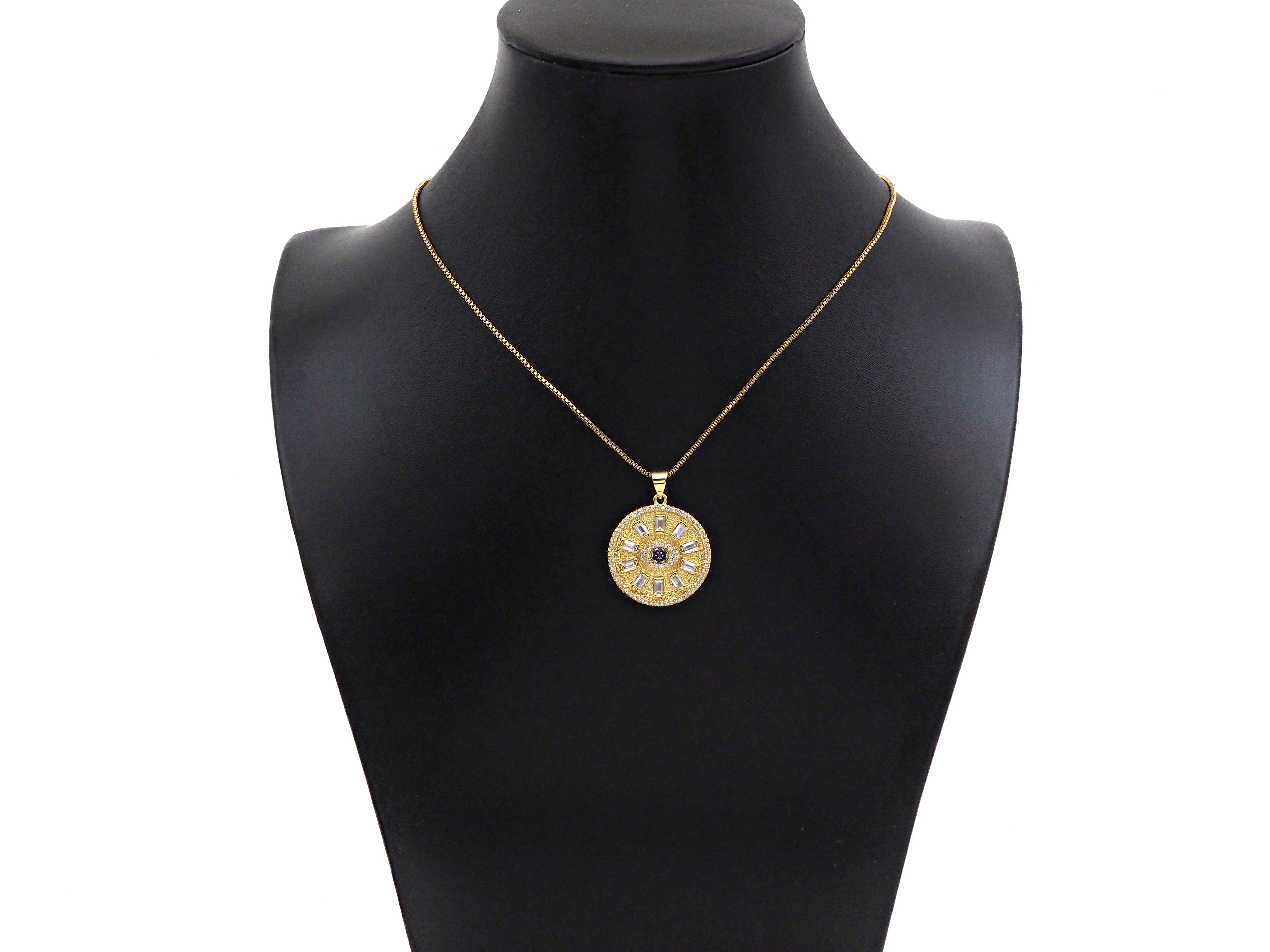 Big CZ Micro Pave Evil Eye On Round Coin Shape Pendant/Charm,Cubic Zirconia Medallion Charm, Necklace Bracelet Charm, 26x23mm, Sku#F1360