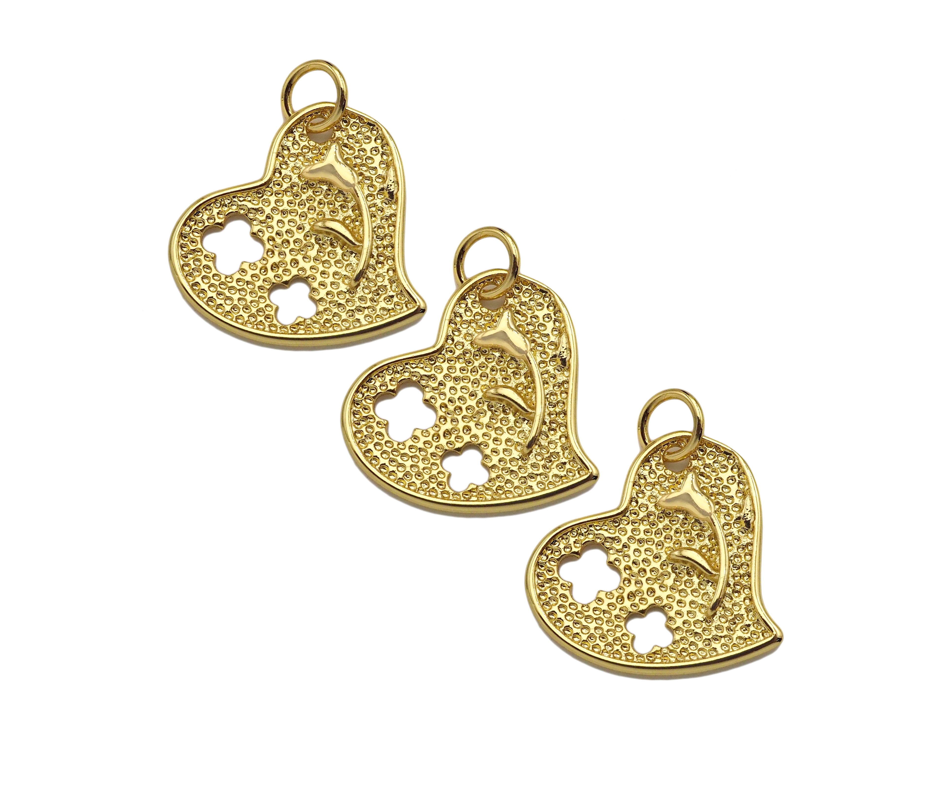 18K Dainty Gold Hollow Out Rose Flower Heart Shape Pendant, Sku#F1392C