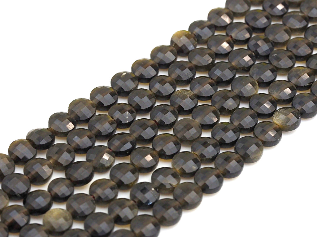 Double Sided Turtle Shell Cut Natural Golden Obsidian Button Shape beads, 6mm faceted, Natural Gemstone Beads, 16" Full strand, sku#U607