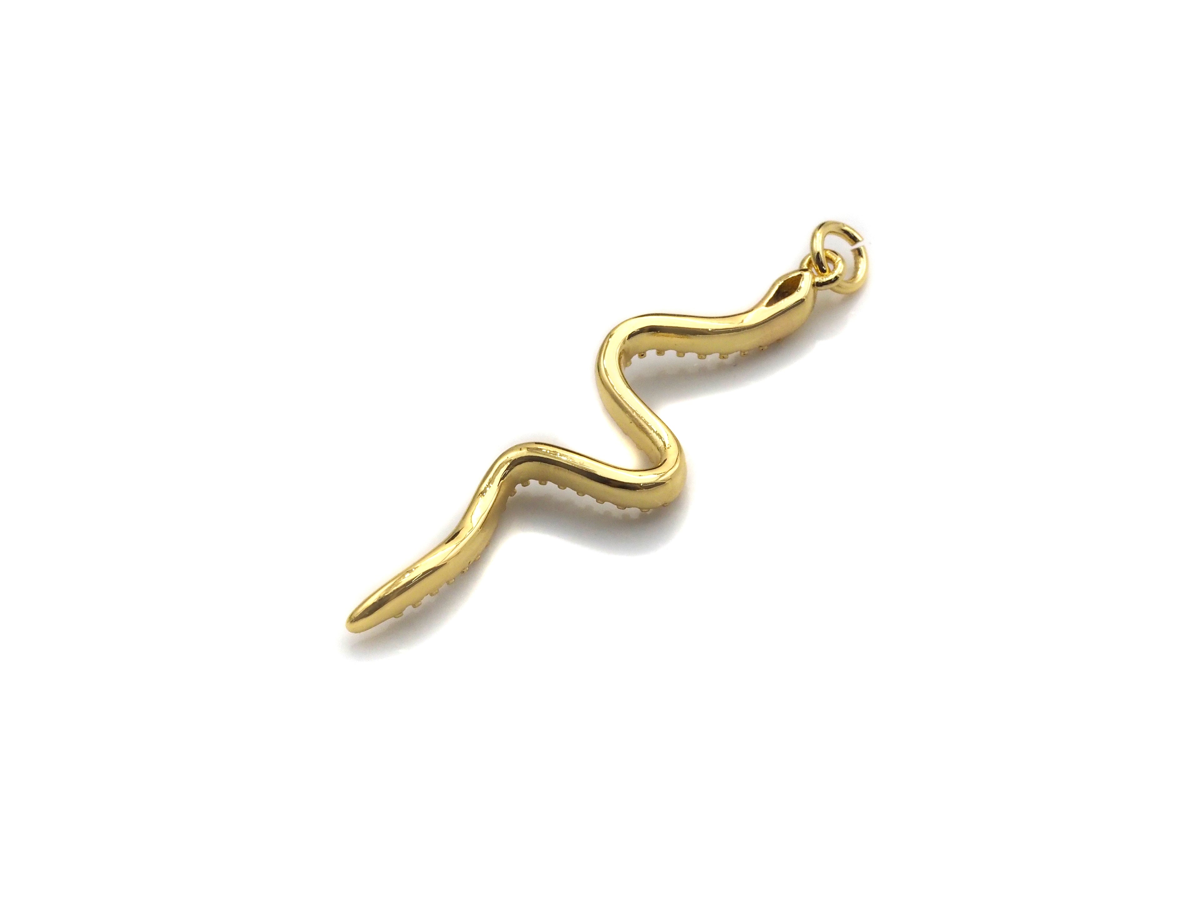 Clear CZ Micro Pave Snake Shape Pendant/Charm, Snakea Cubic Zirconia Pendant,Gold Tone, 10x39mm,Sku#Z795