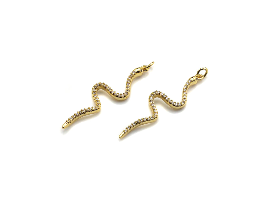 Clear CZ Micro Pave Snake Shape Pendant/Charm, Snakea Cubic Zirconia Pendant,Gold Tone, 10x39mm,Sku#Z795