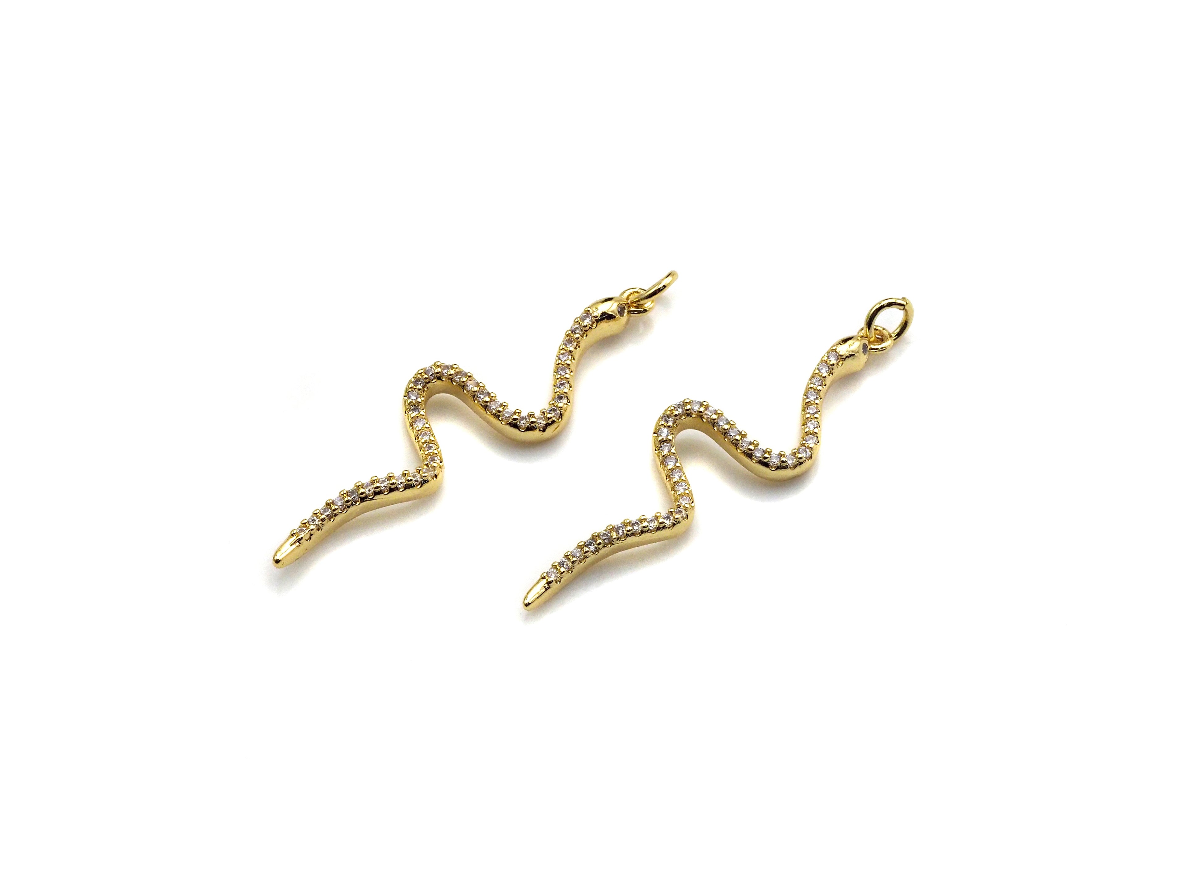 Clear CZ Micro Pave Snake Shape Pendant/Charm, Snakea Cubic Zirconia Pendant,Gold Tone, 10x39mm,Sku#Z795