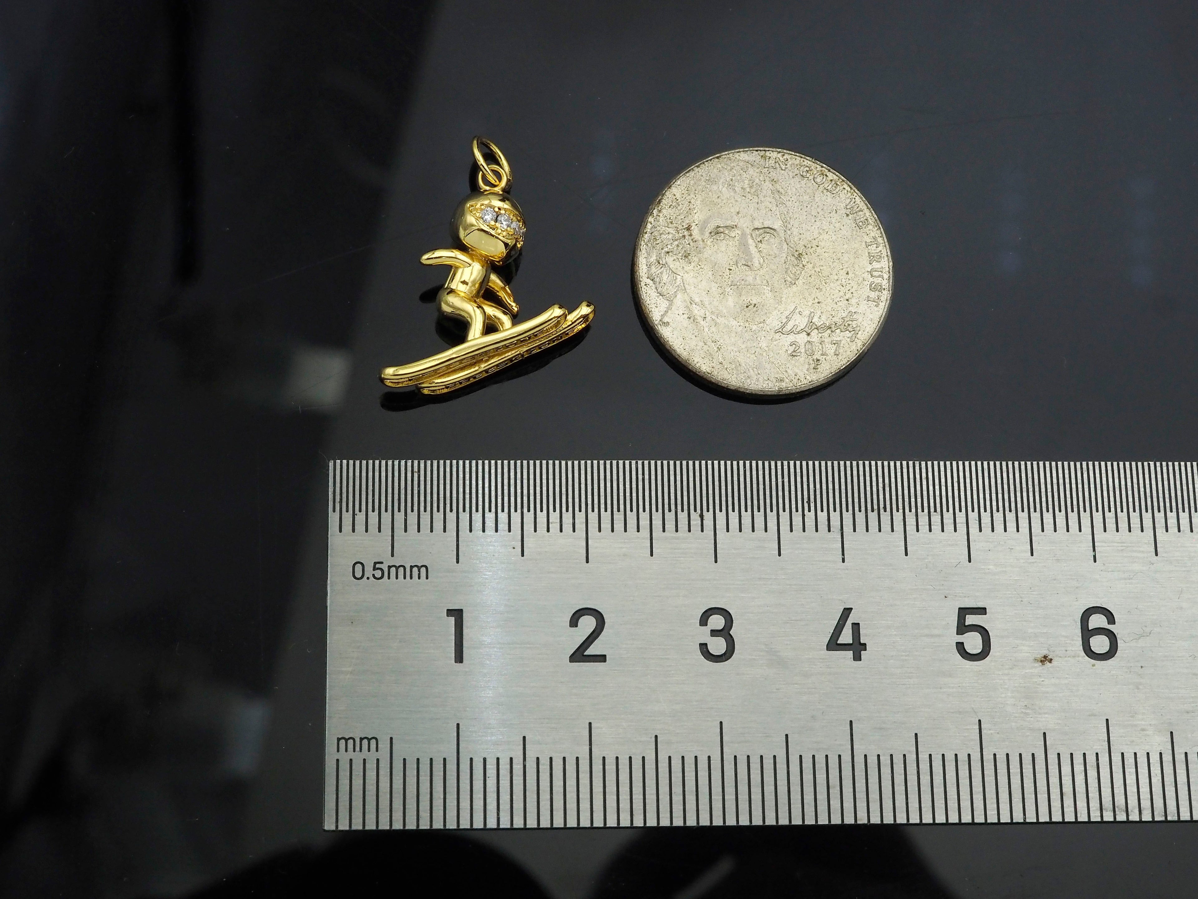 Gold Filled CZ Micro Pave Skiing Shape Pendant, 18K Gold Filled Skiing Charm, Necklace Bracelet Charm Pendant, 18x15mm,Sku#Y470