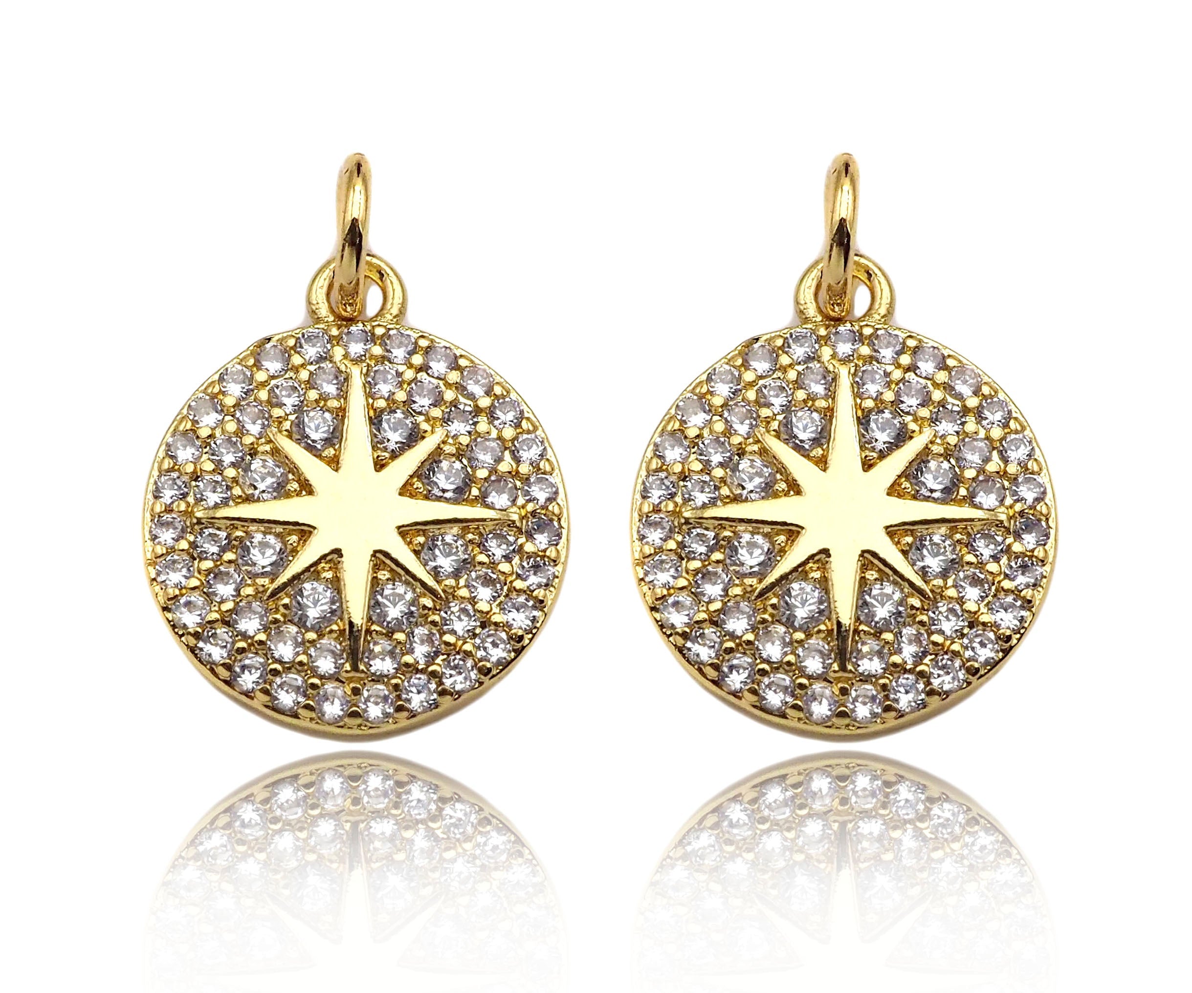 18k Dainty Gold North Star On Round Coin Charms, Dainty Gold Star Pendant, Star Necklace Charms, 11x13mm, Sku#Z1252