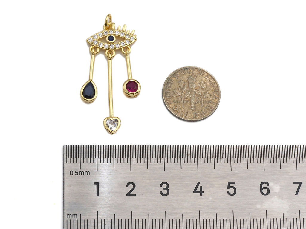 Clorful CZ Micro Pave Evil Eye With Heart Teardrop Coin Pendant Shape Charm Pendant, Cubic Zirconia Evil Eye Charm,16x38mm,Sku#LK159
