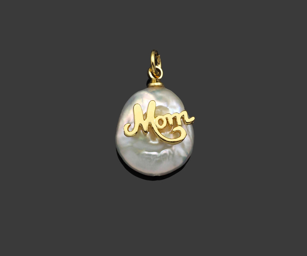 Gold Filled Mom Word On Pearl Pendant, Bracelet Necklace Natural Pearl Charm, 18K Gold Filled Mom Pendant Charm,13x19mm,Sku#Z1365