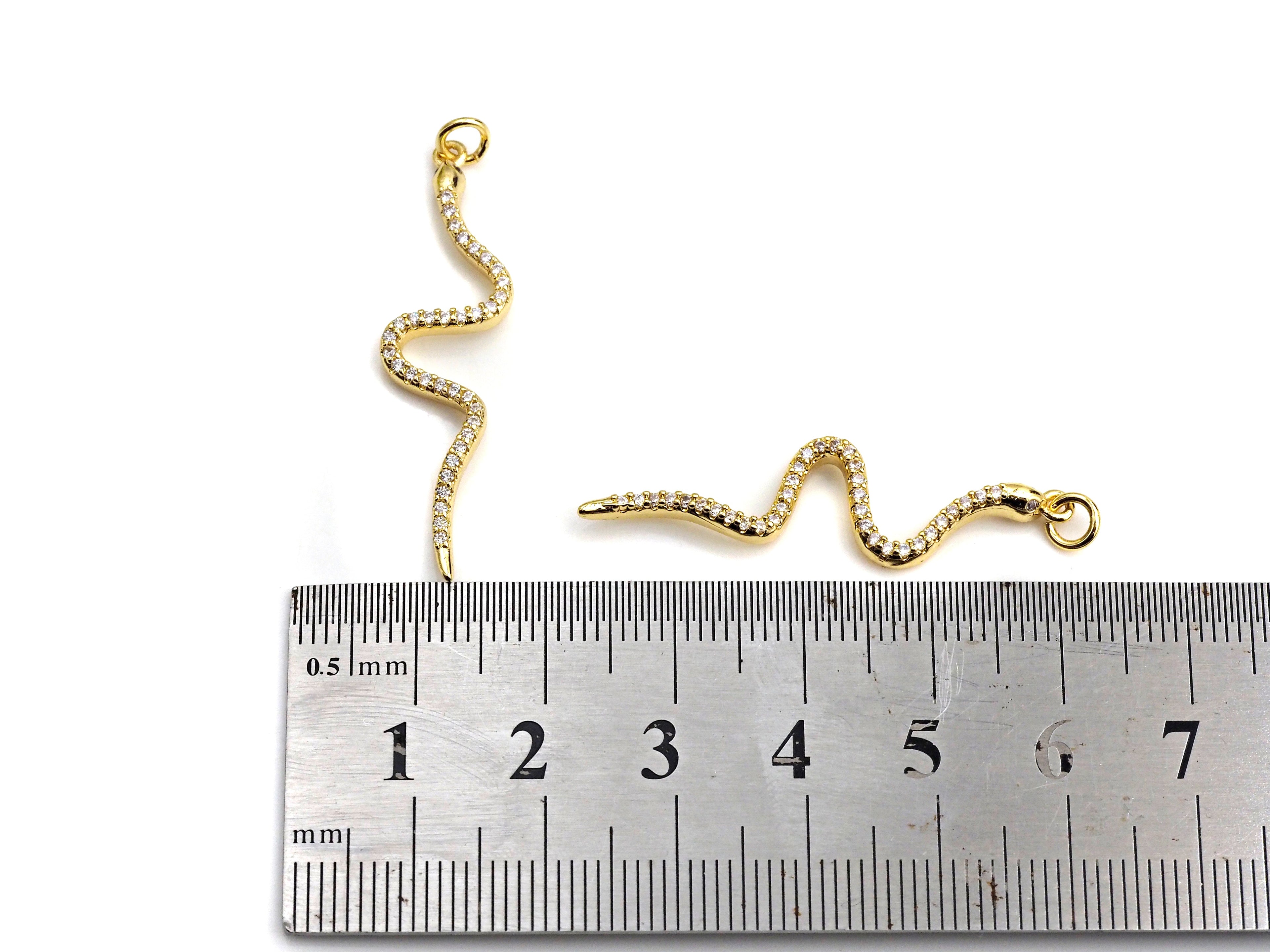 Clear CZ Micro Pave Snake Shape Pendant/Charm, Snakea Cubic Zirconia Pendant,Gold Tone, 10x39mm,Sku#Z795
