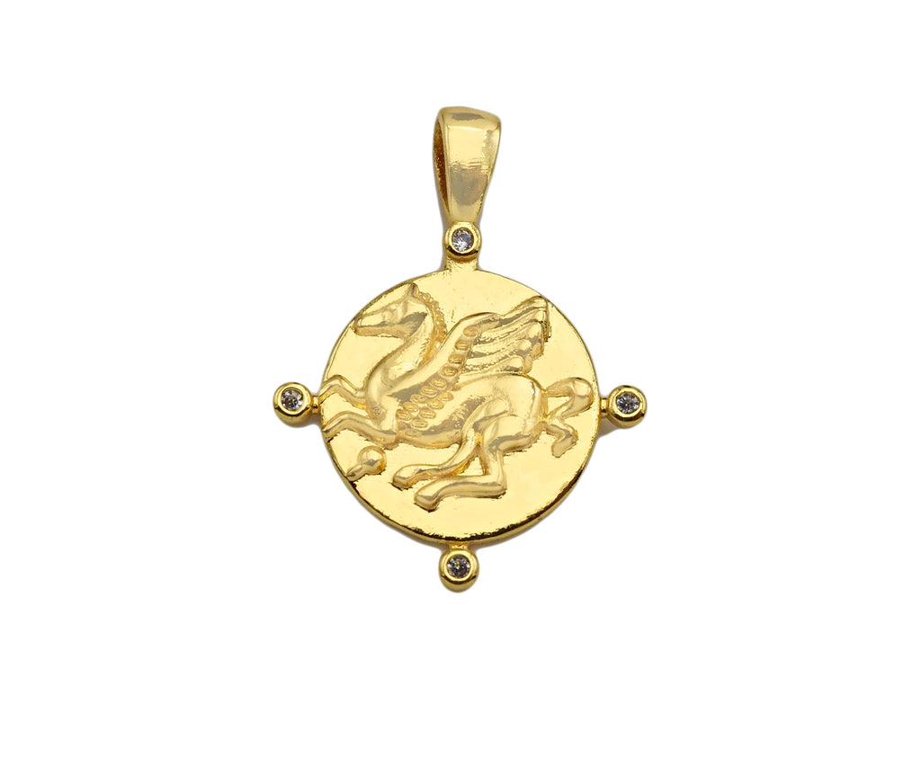 18K Dainty Gold Embossment Pegasus On Round Coin Shape Pendant/Charm, Medallion Charm, Necklace Bracelet Charm Pendant,19x26mm, Sku#Z1284