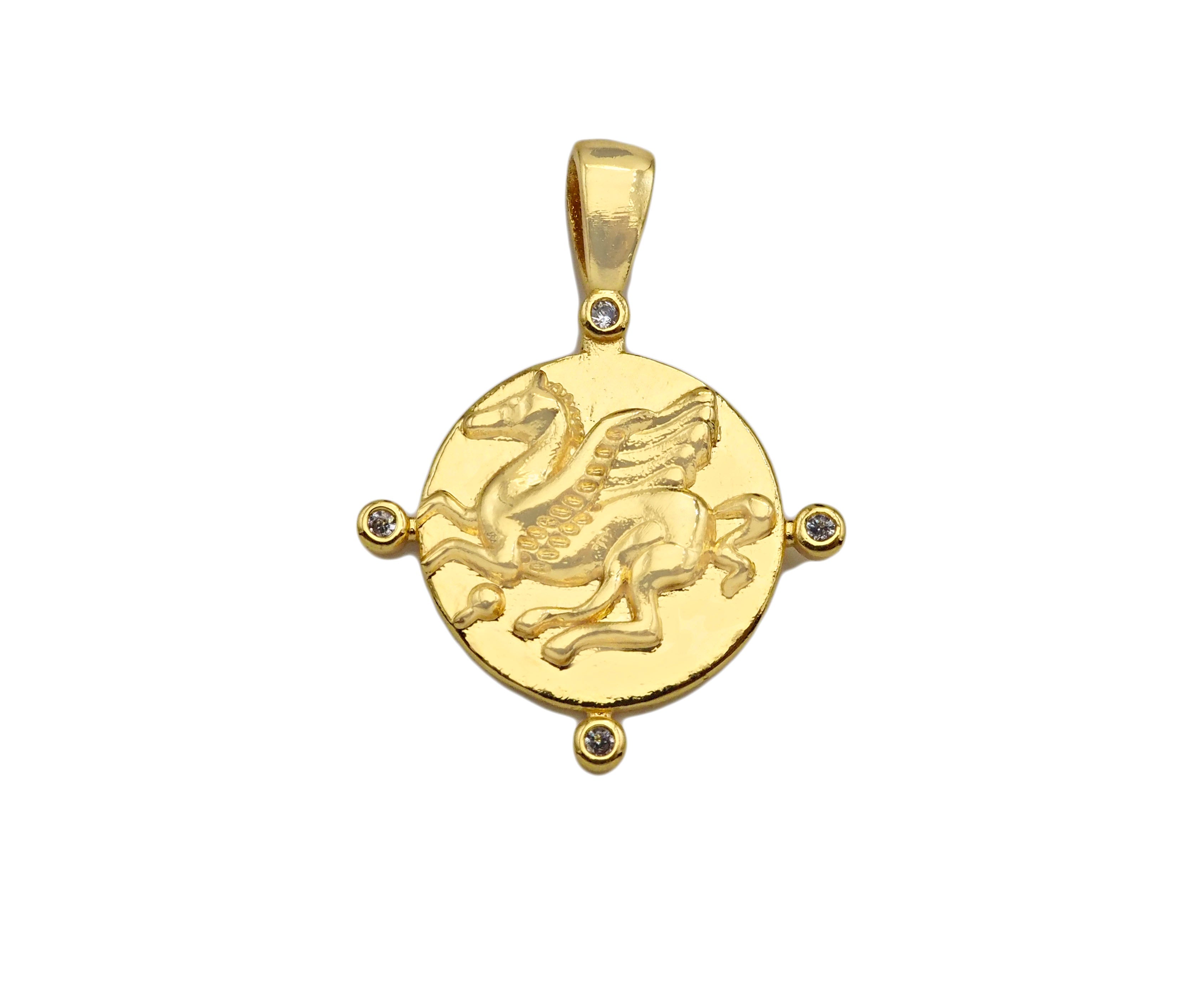 18K Dainty Gold Embossment Pegasus On Round Coin Shape Pendant/Charm, Medallion Charm, Necklace Bracelet Charm Pendant,19x26mm, Sku#Z1284