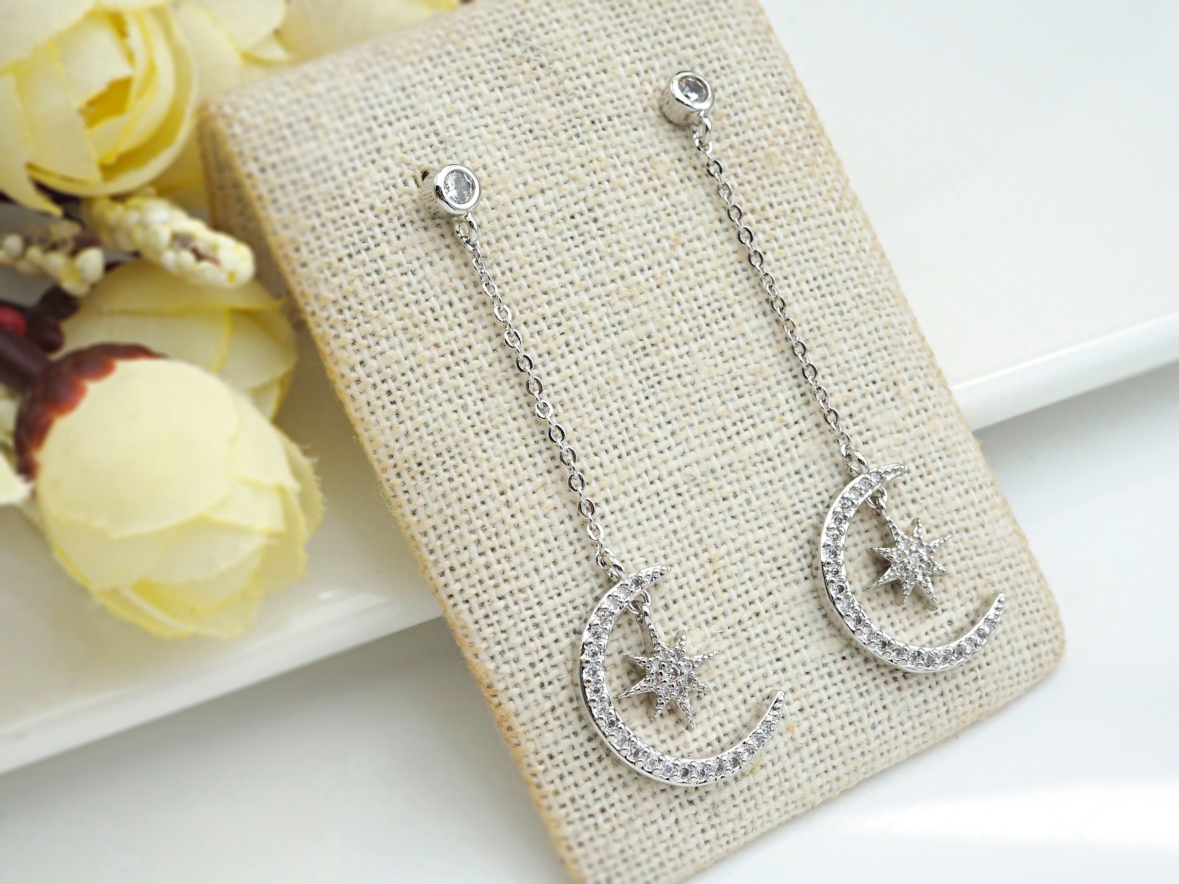 CZ  Moon North Star Dangle Earrings, Sku#J244