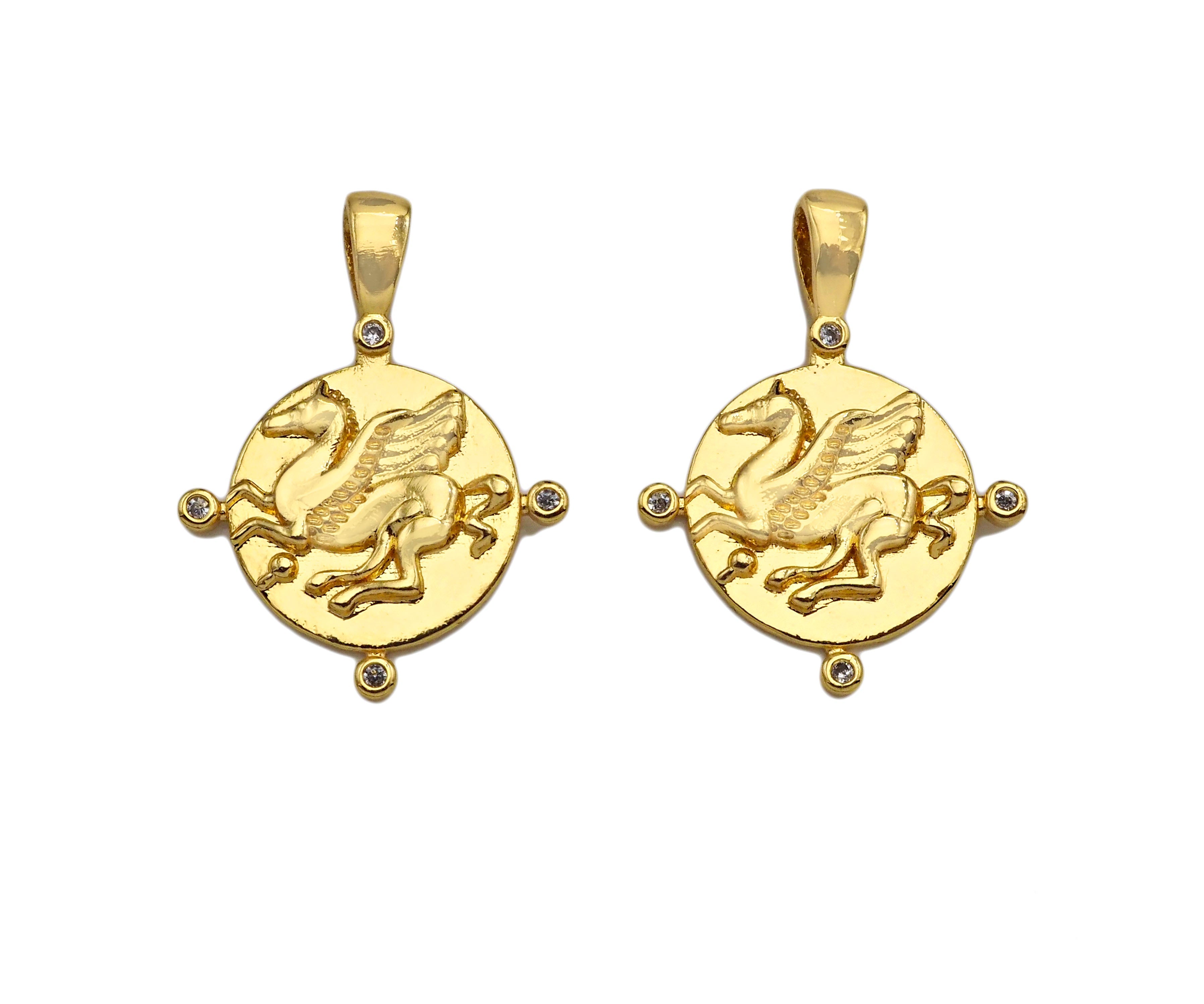 18K Dainty Gold Embossment Pegasus On Round Coin Shape Pendant/Charm, Medallion Charm, Necklace Bracelet Charm Pendant,19x26mm, Sku#Z1284