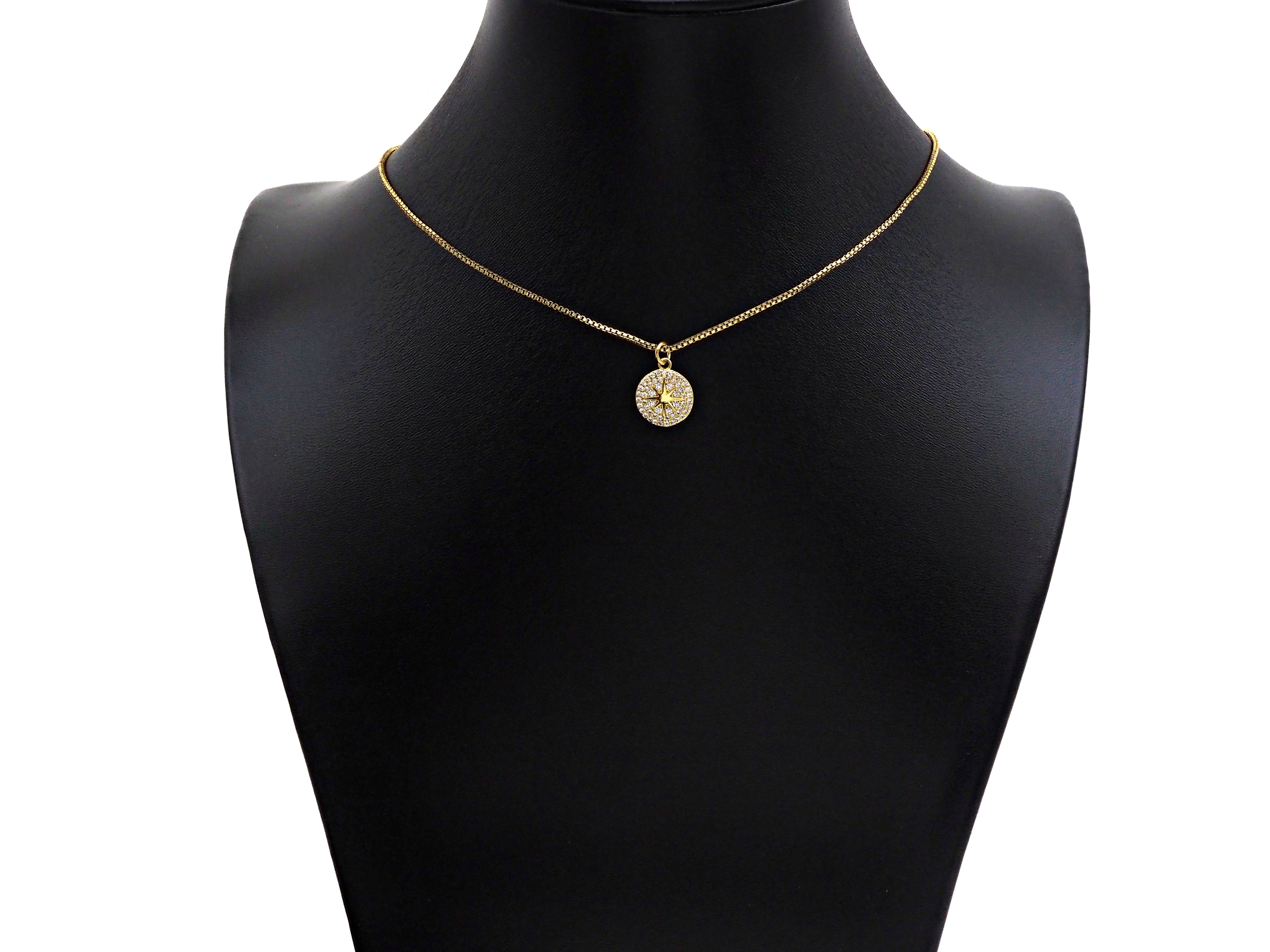 18k Dainty Gold North Star On Round Coin Charms, Dainty Gold Star Pendant, Star Necklace Charms, 11x13mm, Sku#Z1252