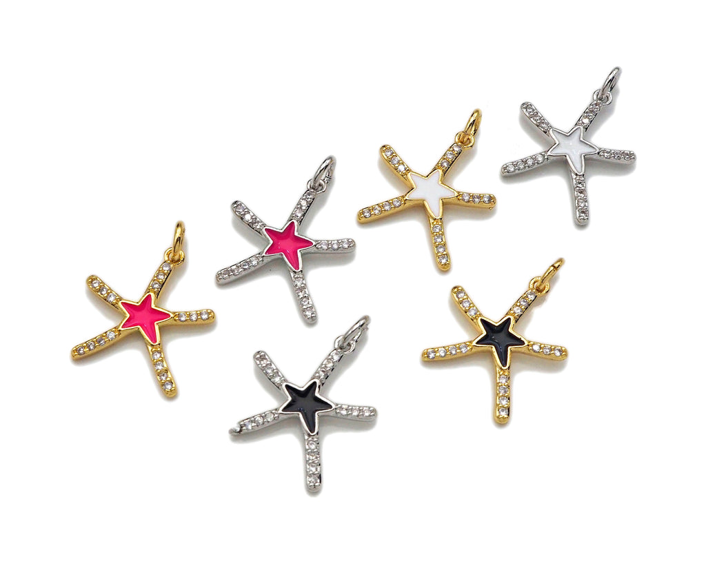 CZ Enamel Starfish Shape Charm, Gold/Silver Finish Enamel CZ Pave Star Fish Pendant, Pave Charm,16x18mm, sku#L323
