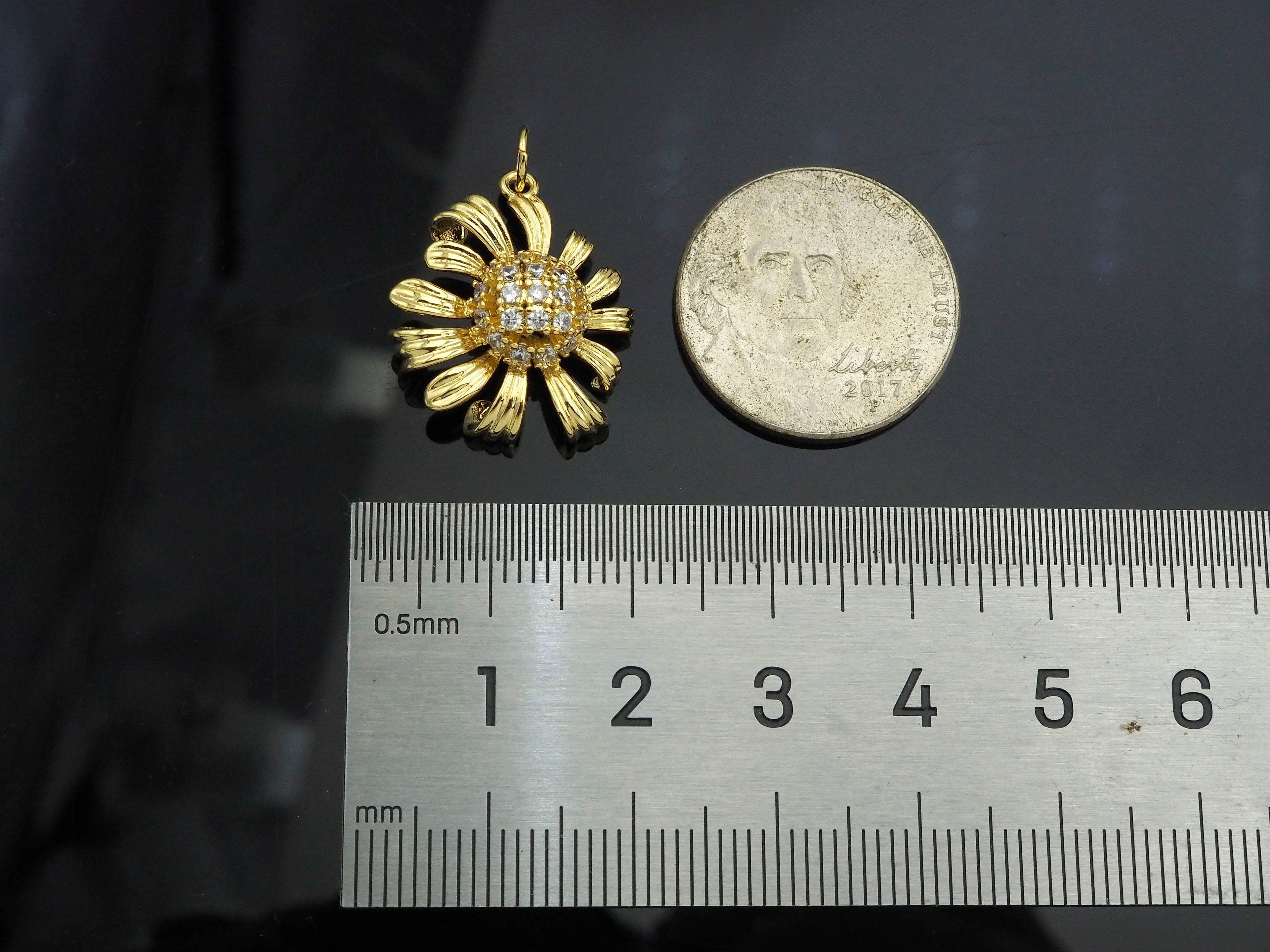 Gold Filled CZ Micro Pave Sun Flower Shape Pendant, 18K Gold Filled Flower Charm, Necklace Bracelet Charm Pendant, 21x18mm,Sku#Y471