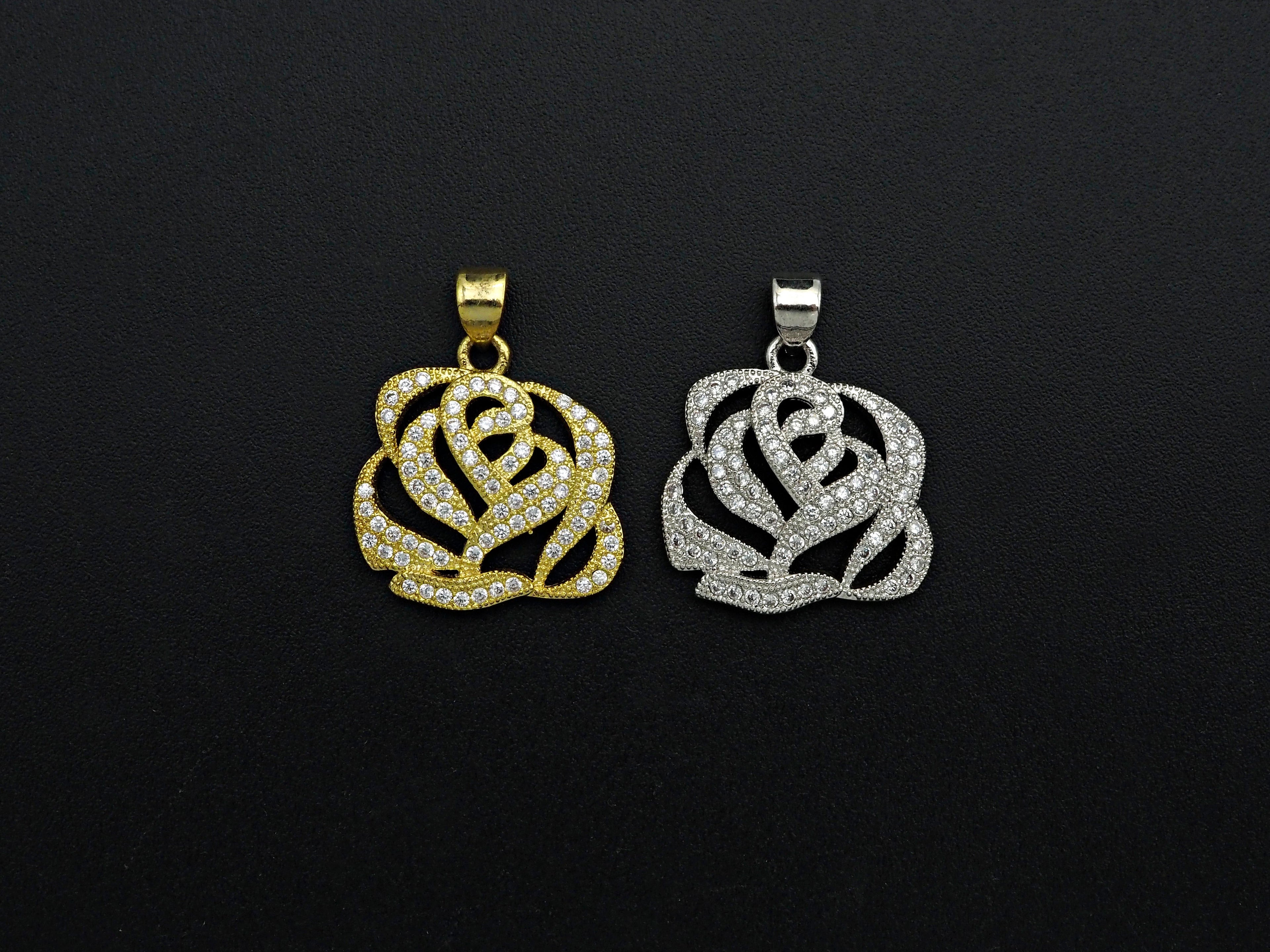 CZ Micro Pave Rose Flower Pendant/Charm,Cubic Zirconia Paved