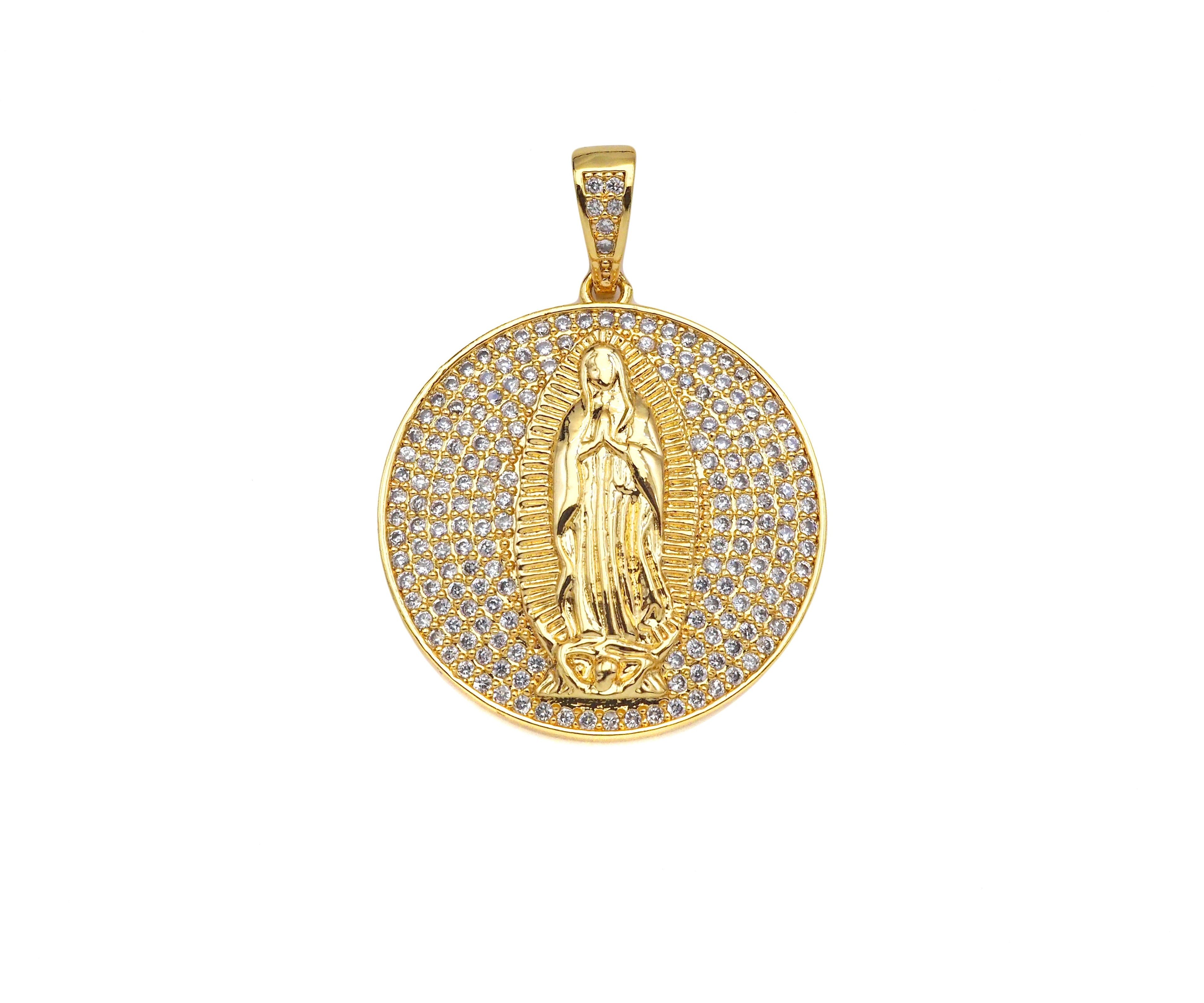 CZ Micro Pave Virgin Mary On Round Coin Shape Pendant,18K Gold Filled/Silver Medallion Charm, Necklace Bracelet Pendant,26x29mm,Sku#F1406