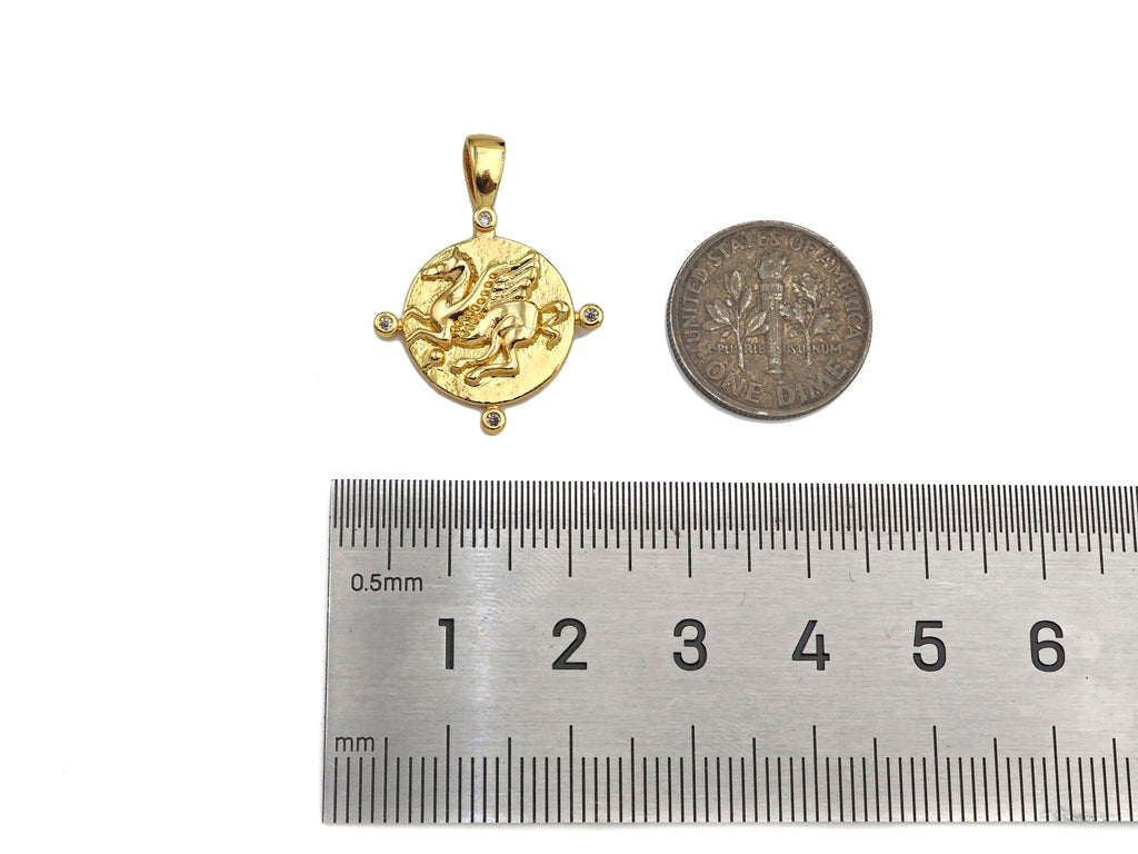 18K Dainty Gold Embossment Pegasus On Round Coin Shape Pendant/Charm, Medallion Charm, Necklace Bracelet Charm Pendant,19x26mm, Sku#Z1284