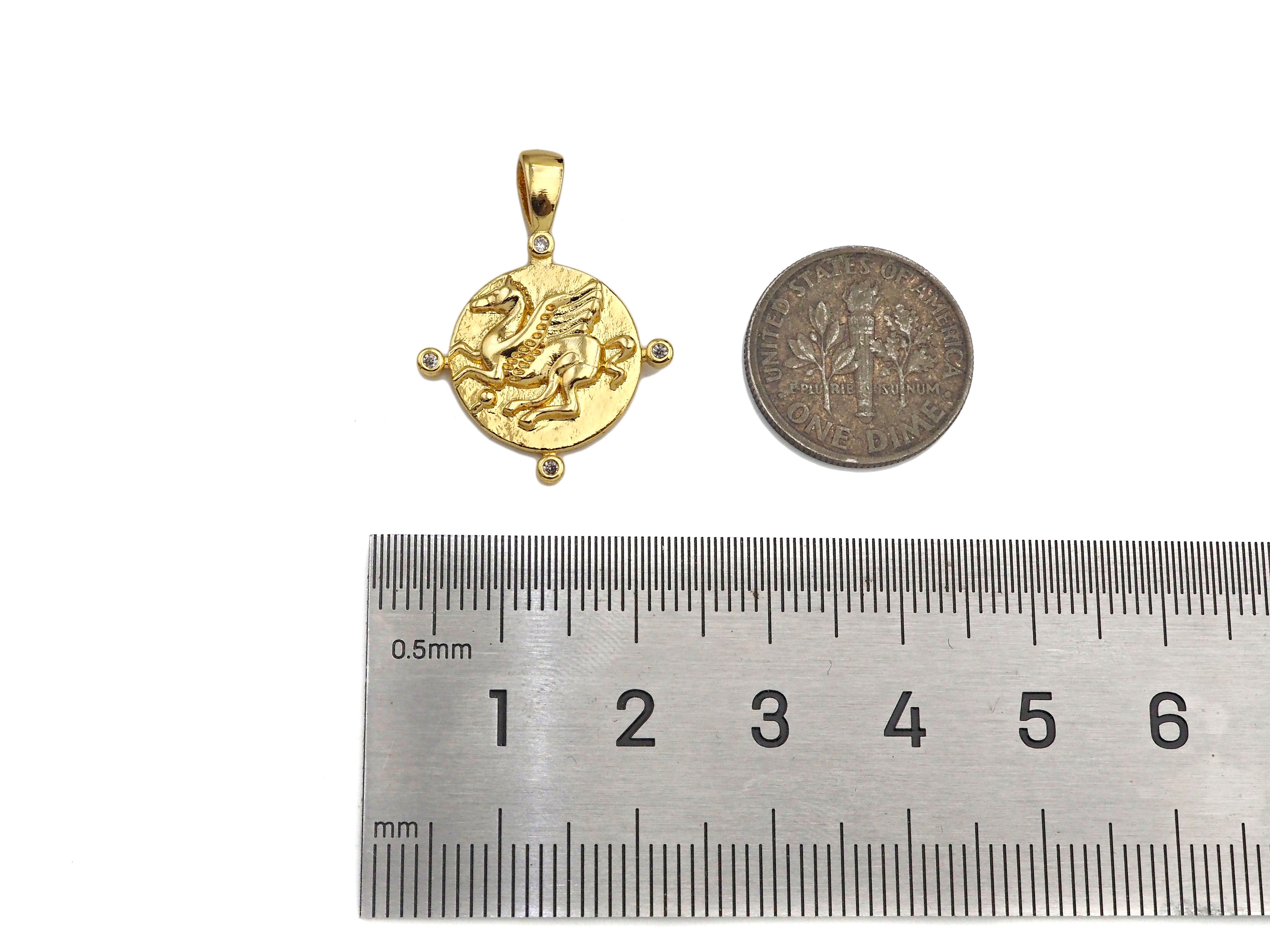 18K Dainty Gold Embossment Pegasus On Round Coin Shape Pendant/Charm, Medallion Charm, Necklace Bracelet Charm Pendant,19x26mm, Sku#Z1284
