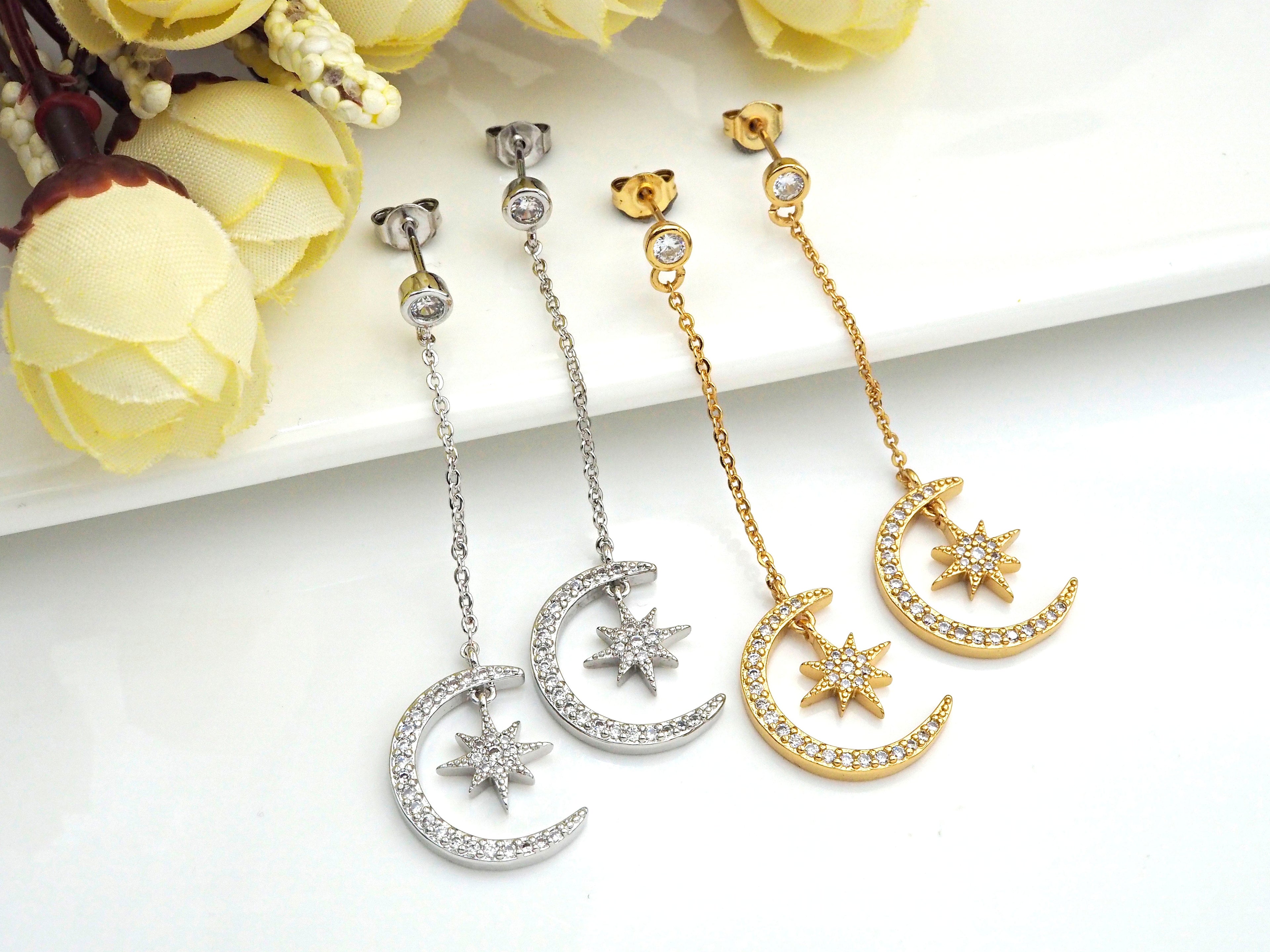 CZ  Moon North Star Dangle Earrings, Sku#J244