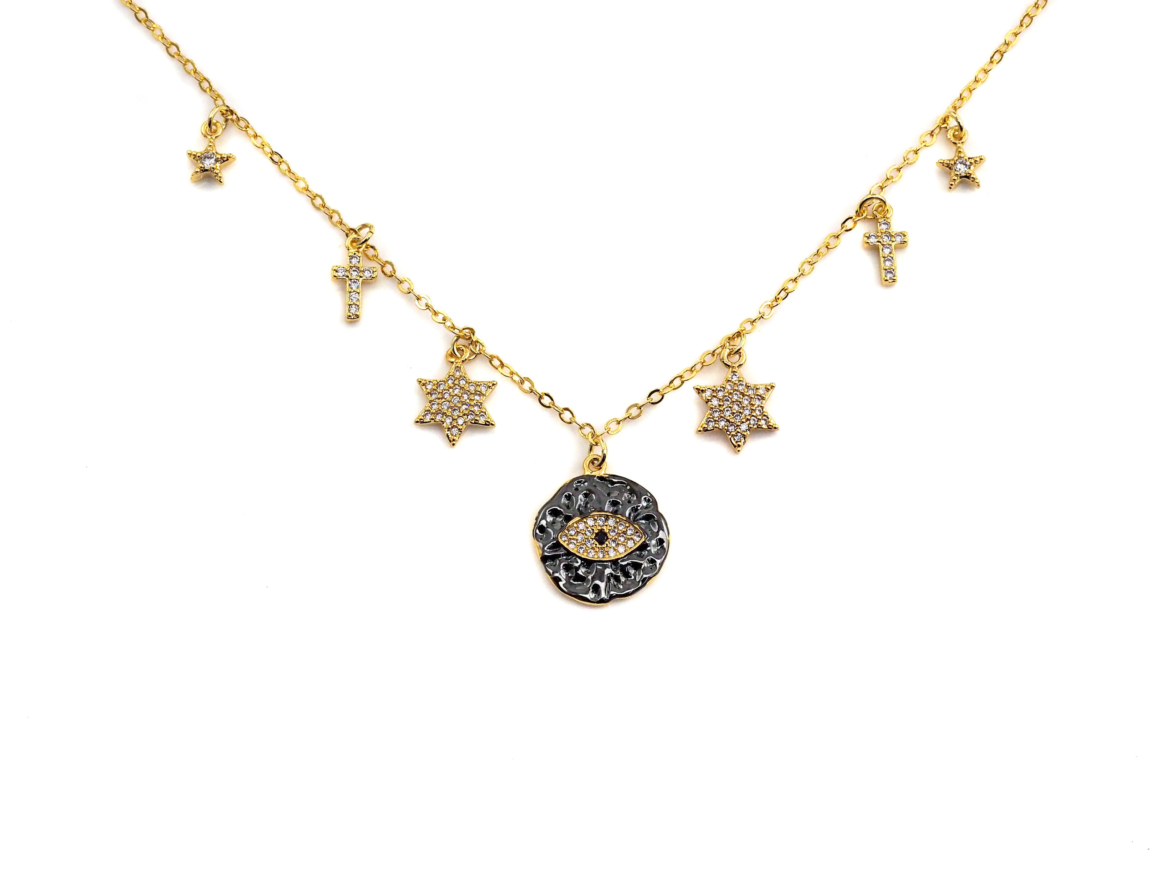 Gold Evil Eye Coin CZ Charm Necklace, Coin Necklace, Cross Star Necklace, Layering Necklace/Gold Disc Necklace, Dainty Necklace, Sku#Z710