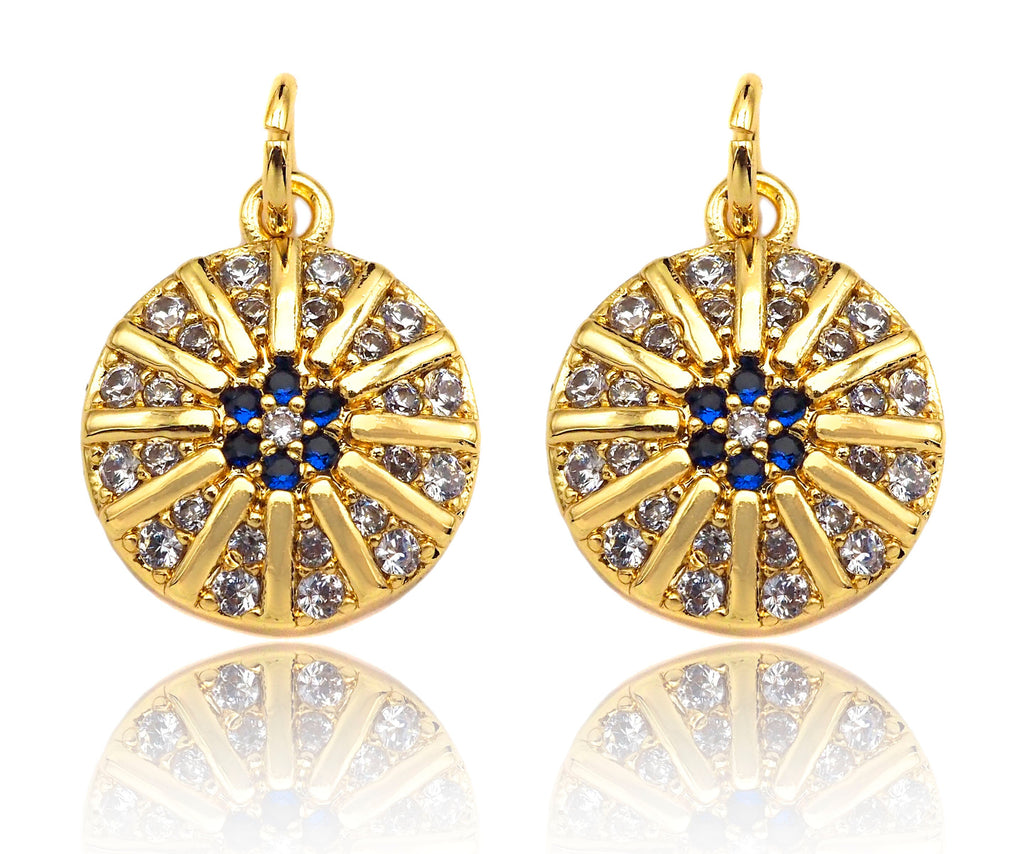 Micro Pave Cobalt CZ North Star On Round Coin Charms, Dainty Gold Charms/Pendant, Round Necklace Charms, 11x13mm, Sku#Z1253
