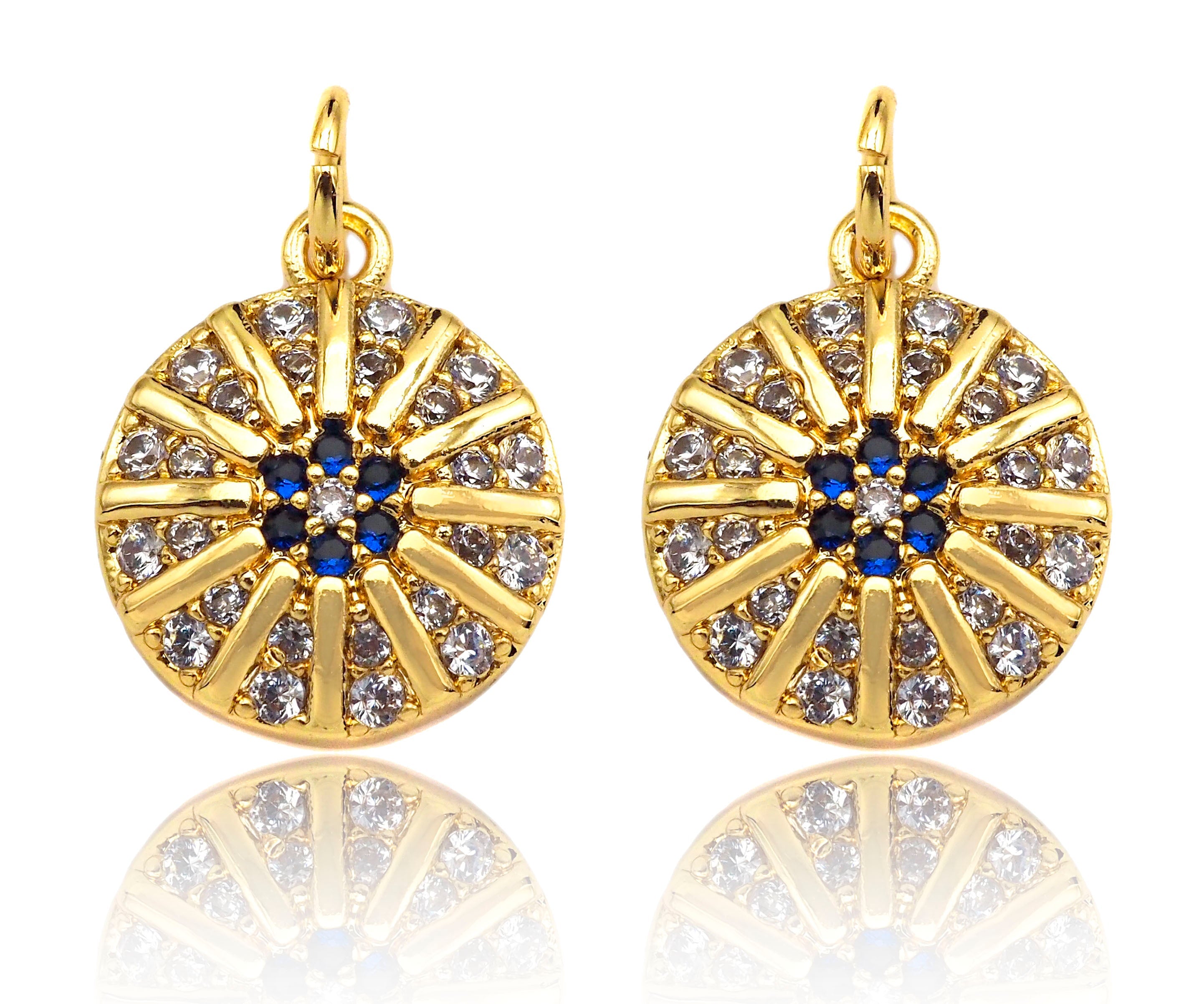 Micro Pave Cobalt CZ North Star On Round Coin Charms, Dainty Gold Charms/Pendant, Round Necklace Charms, 11x13mm, Sku#Z1253