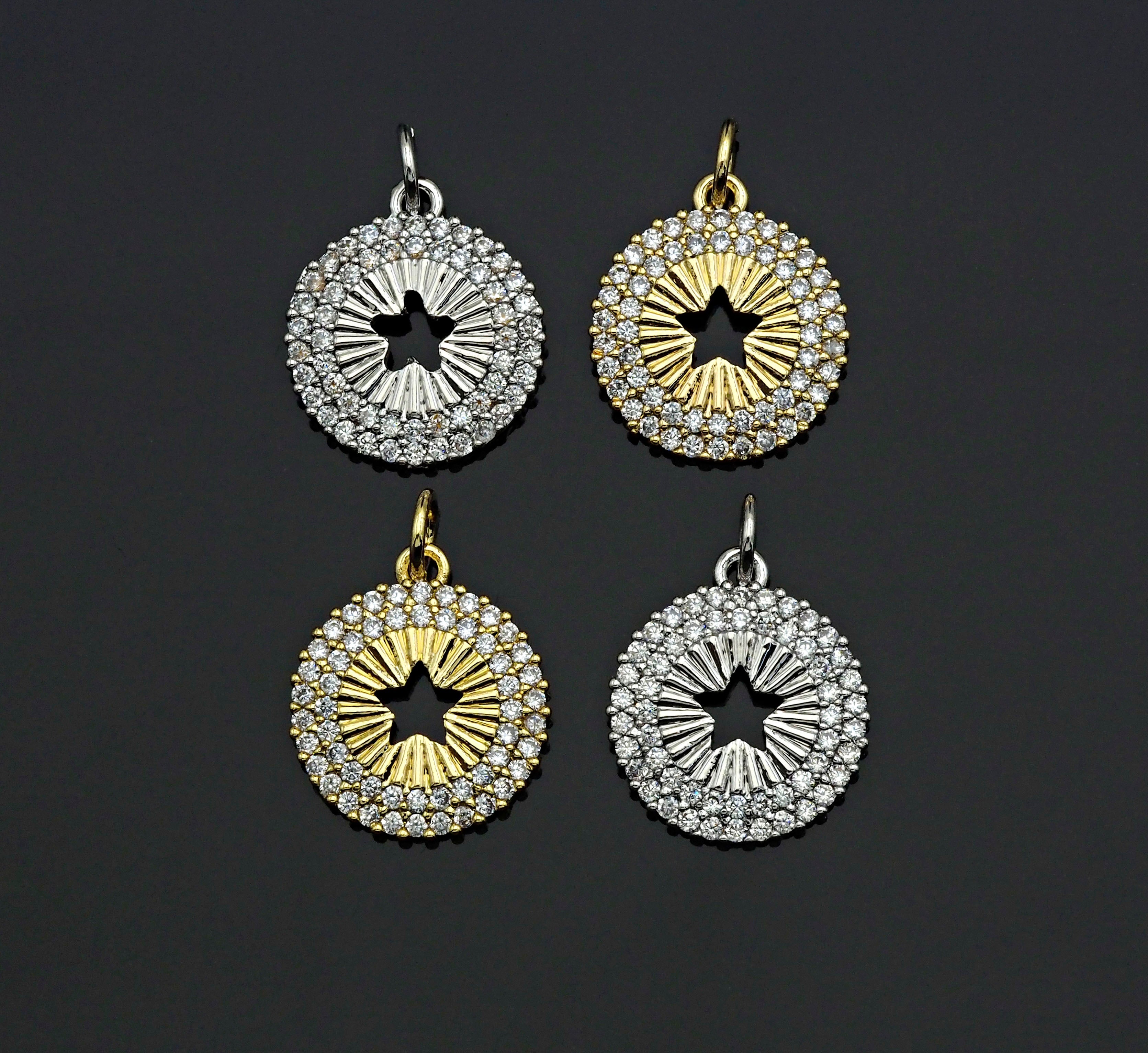 CZ Micro Pave Hollow Out Five Star On Round Coin Shape Pendant, Gold/Silver Plated,Necklace Bracelet Charm Pendant,14x16mm,sku#F1253