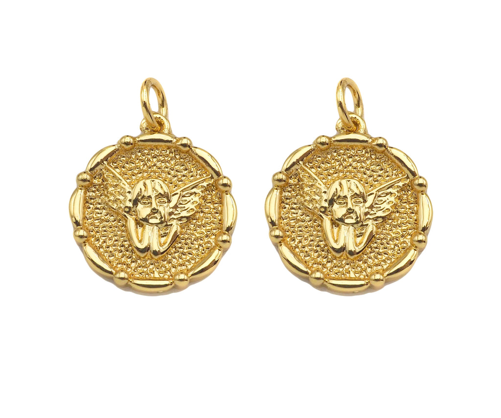 18K Dainty Gold Angel Face On Round Coin Shape Pendant/Charm,Gold Angle Medallion Charm, Necklace Bracelet Charm Pendant,17x15mm, Sku#F1362