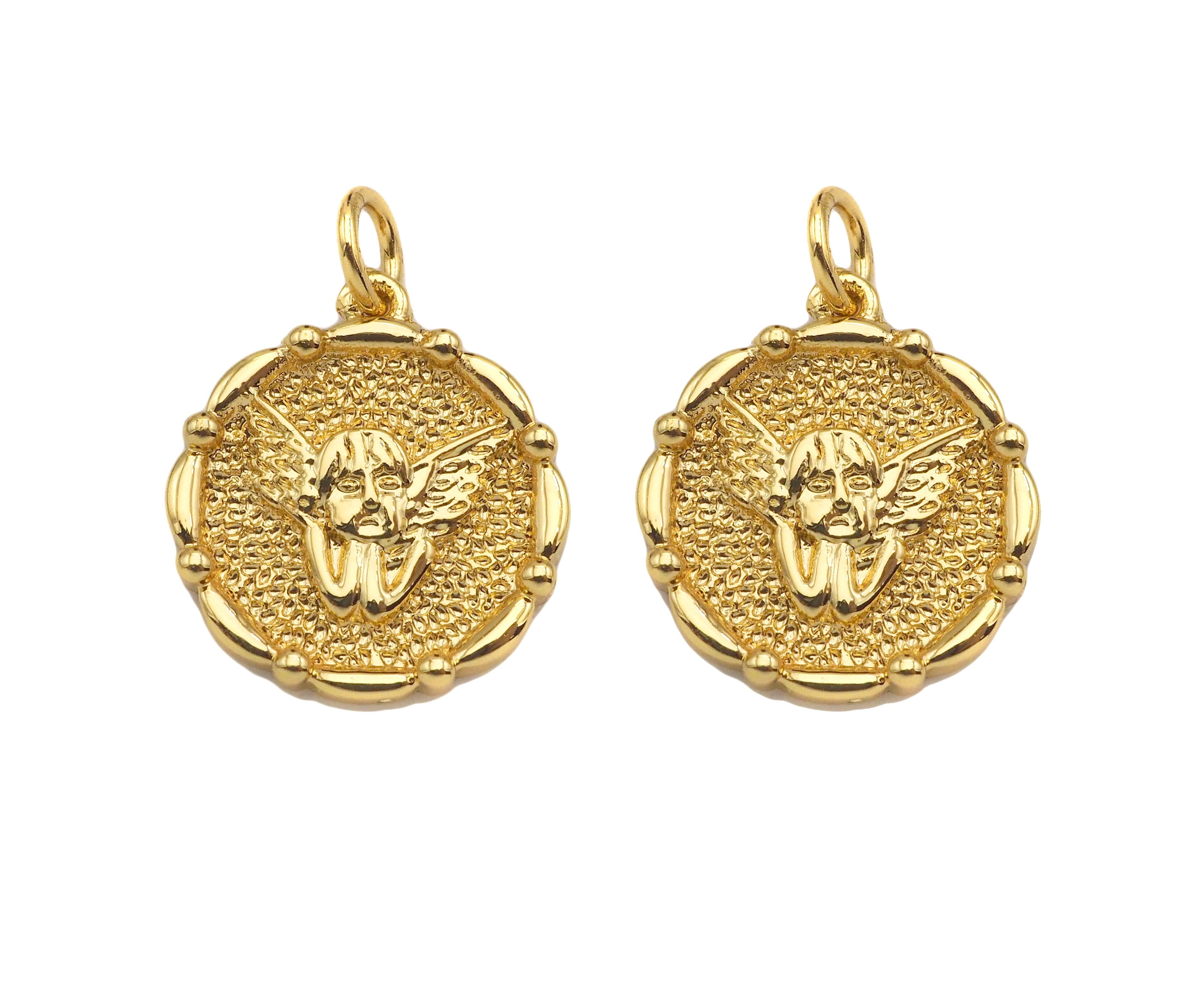 18K Dainty Gold Angel Face On Round Coin Shape Pendant/Charm,Gold Angle Medallion Charm, Necklace Bracelet Charm Pendant,17x15mm, Sku#F1362
