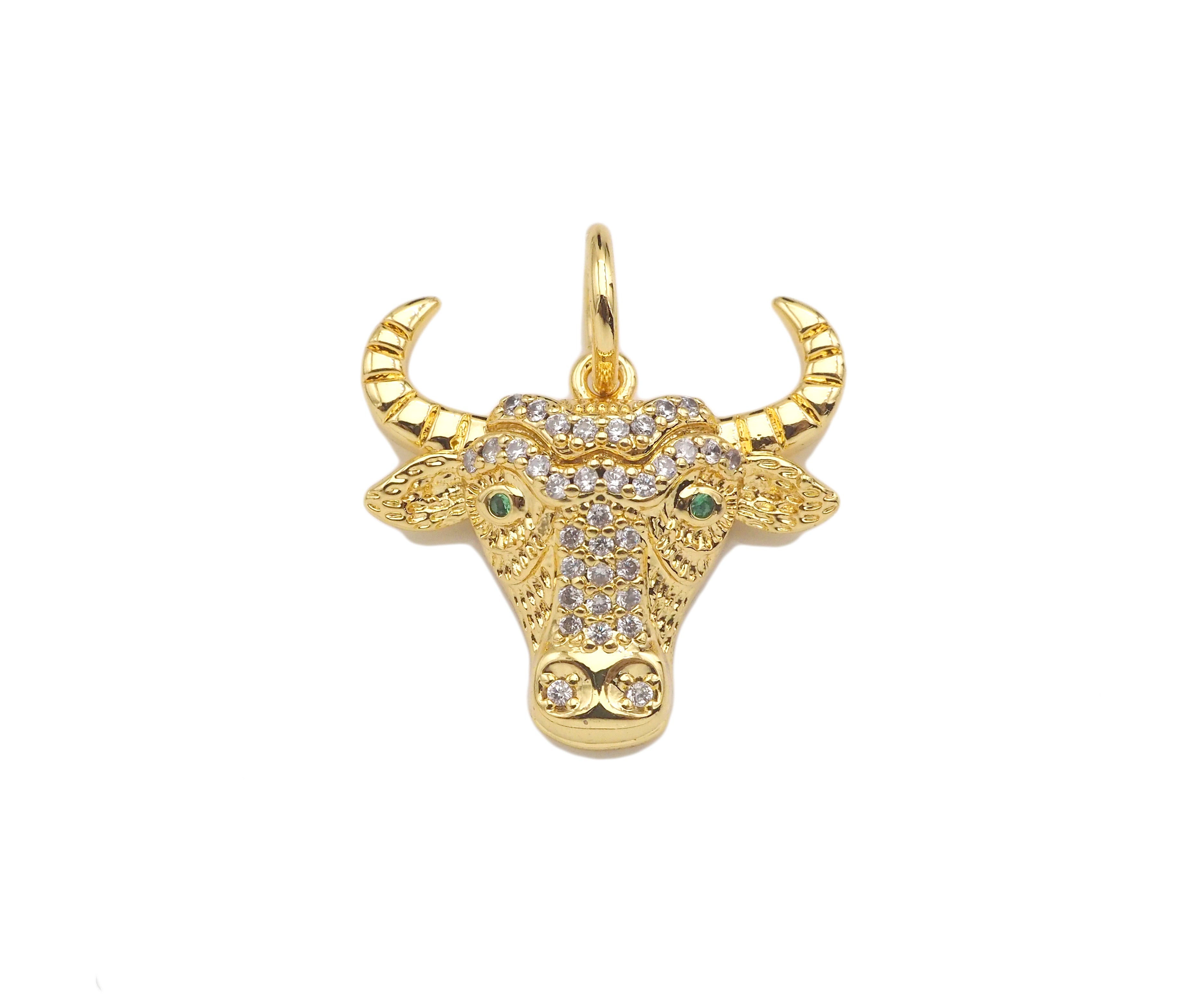 CZ Micro Pave Bull's Head Shape Pendant/Charm,Cubic Zirconia Dainty Gold Charm, Necklace Bracelet Charm Pendant,20x18mm, Sku#F1384