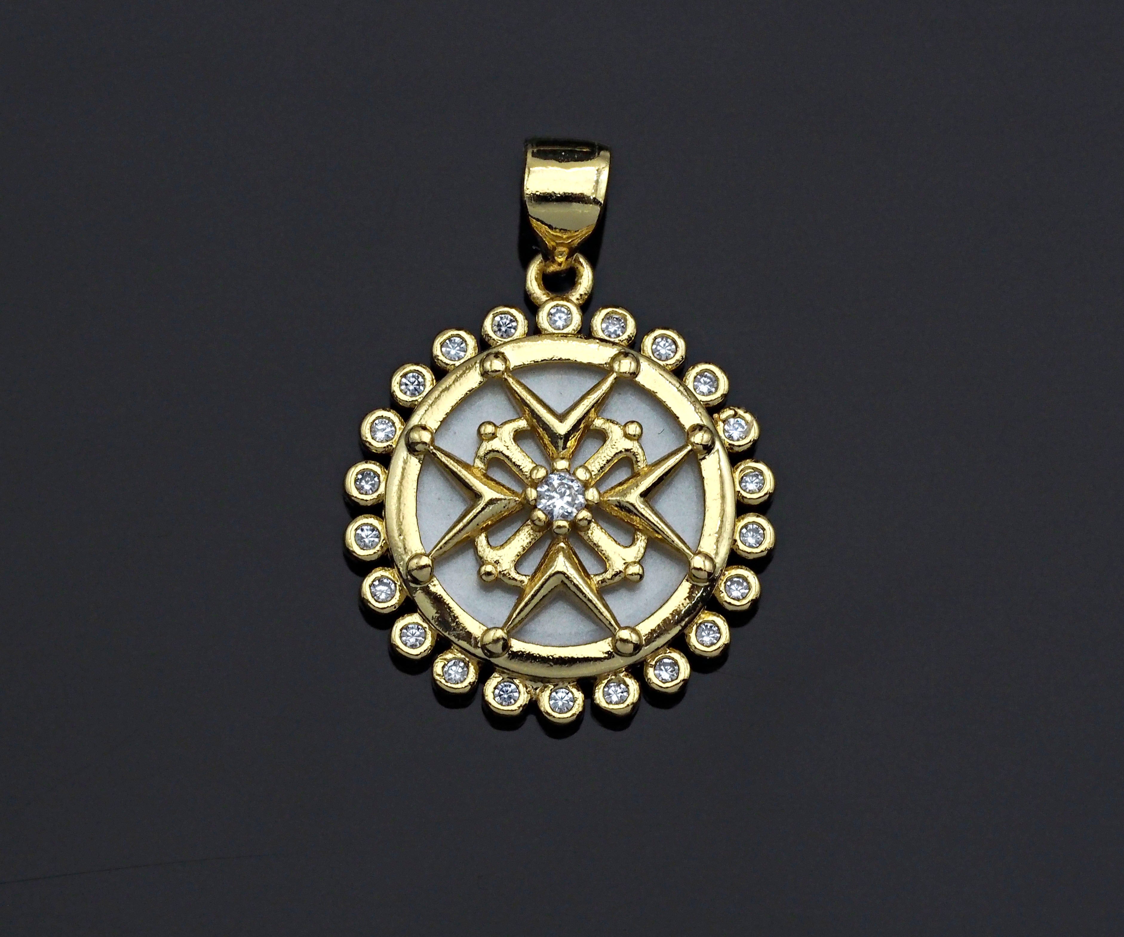 Clear CZ Micro Pave Pattern On Round Coin Shape Pendant Charm, Cubic Zirconia Round Mother of Pearl Charm,17x20mm,sku#LK161