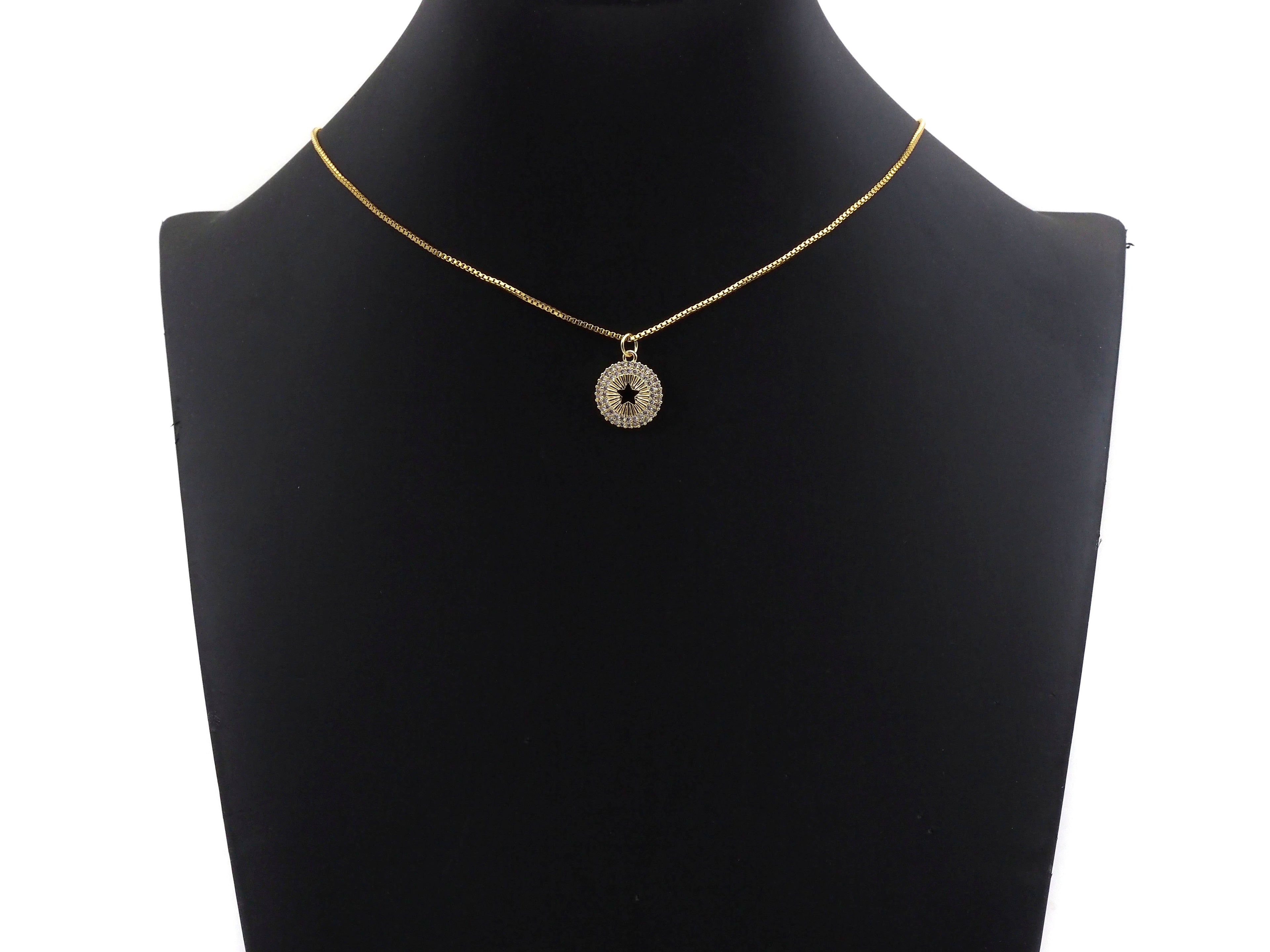 CZ Micro Pave Hollow Out Five Star On Round Coin Shape Pendant, Gold/Silver Plated,Necklace Bracelet Charm Pendant,14x16mm,sku#F1253