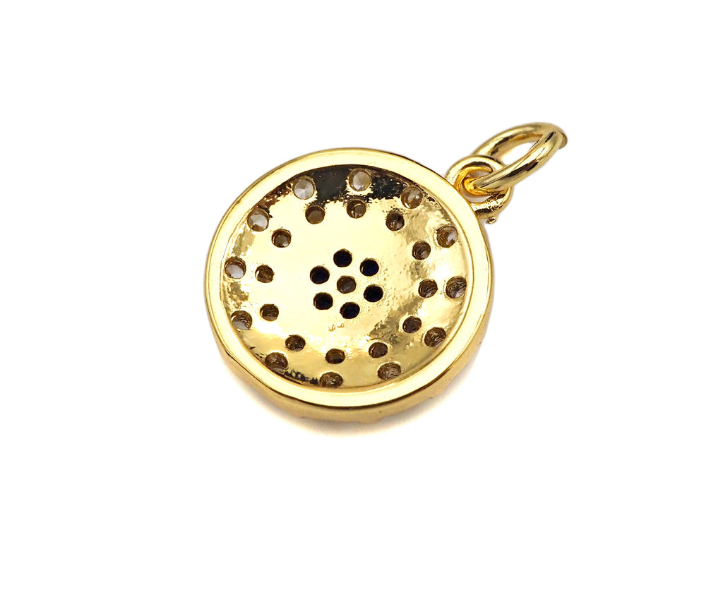 Micro Pave Cobalt CZ North Star On Round Coin Charms, Dainty Gold Charms/Pendant, Round Necklace Charms, 11x13mm, Sku#Z1253