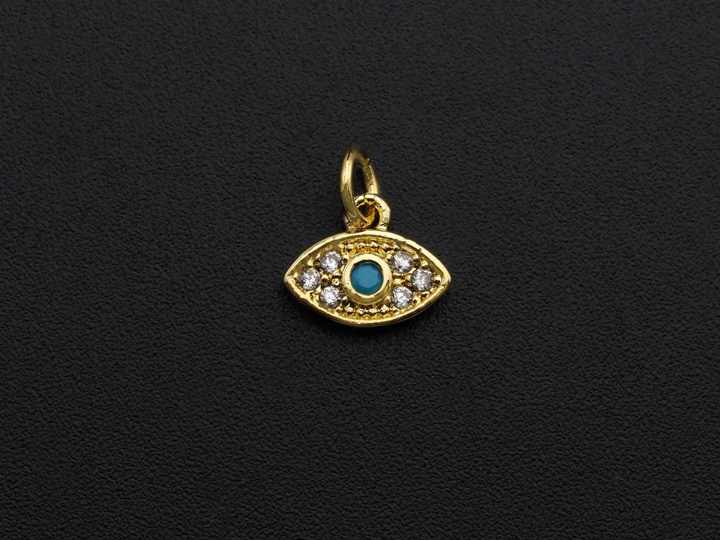 CZ Micro Pave Evil Eye Pendant/Charm, Clear Turquoise Cubic Zirconia Pave Charm, Silver/Gold Plated, 8x10mm, sku#Z777