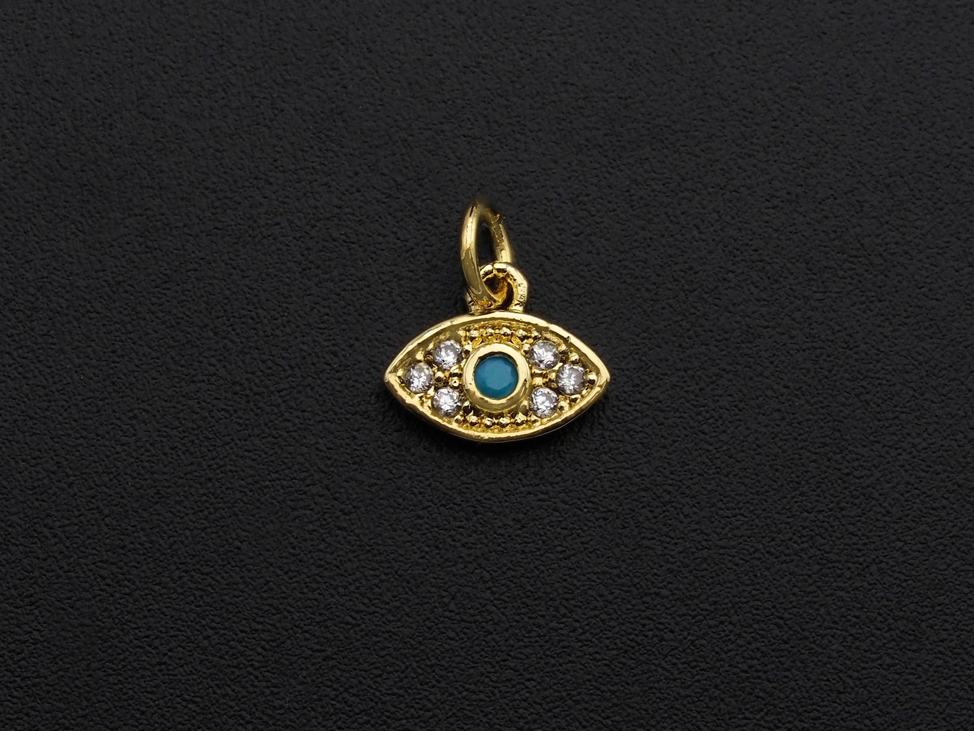 CZ Micro Pave Evil Eye Pendant/Charm, Clear Turquoise Cubic Zirconia Pave Charm, Silver/Gold Plated, 8x10mm, sku#Z777