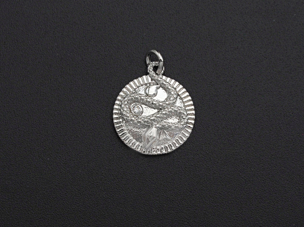 Medallion Snake on Round Coin Pendant, Snake Pendant, Gold/Silver Tone, 16x18mm, Sku#Z691