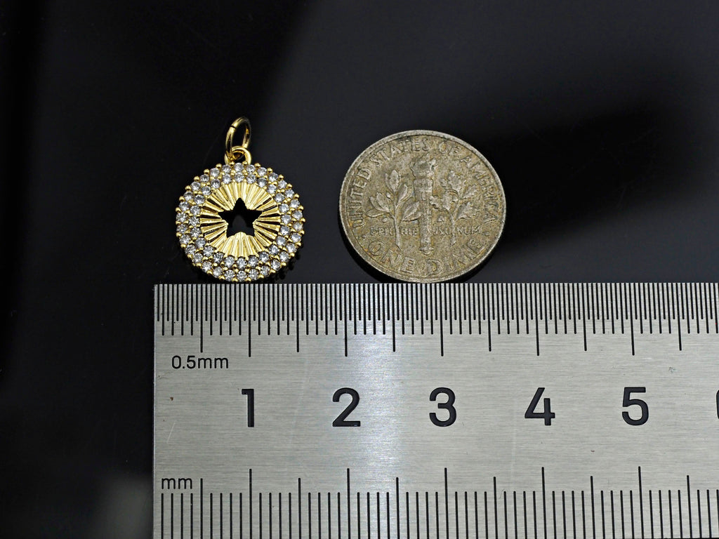 CZ Micro Pave Hollow Out Five Star On Round Coin Shape Pendant, Gold/Silver Plated,Necklace Bracelet Charm Pendant,14x16mm,sku#F1253