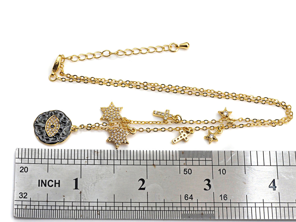 Gold Evil Eye Coin CZ Charm Necklace, Coin Necklace, Cross Star Necklace, Layering Necklace/Gold Disc Necklace, Dainty Necklace, Sku#Z710