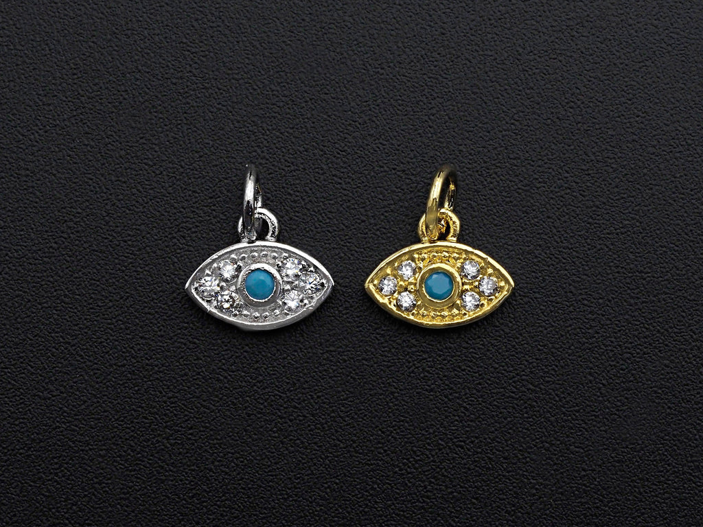 CZ Micro Pave Evil Eye Pendant/Charm, Clear Turquoise Cubic Zirconia Pave Charm, Silver/Gold Plated, 8x10mm, sku#Z777