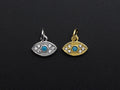 CZ Micro Pave Evil Eye Pendant/Charm, Clear Turquoise Cubic Zirconia Pave Charm, Silver/Gold Plated, 8x10mm, sku#Z777