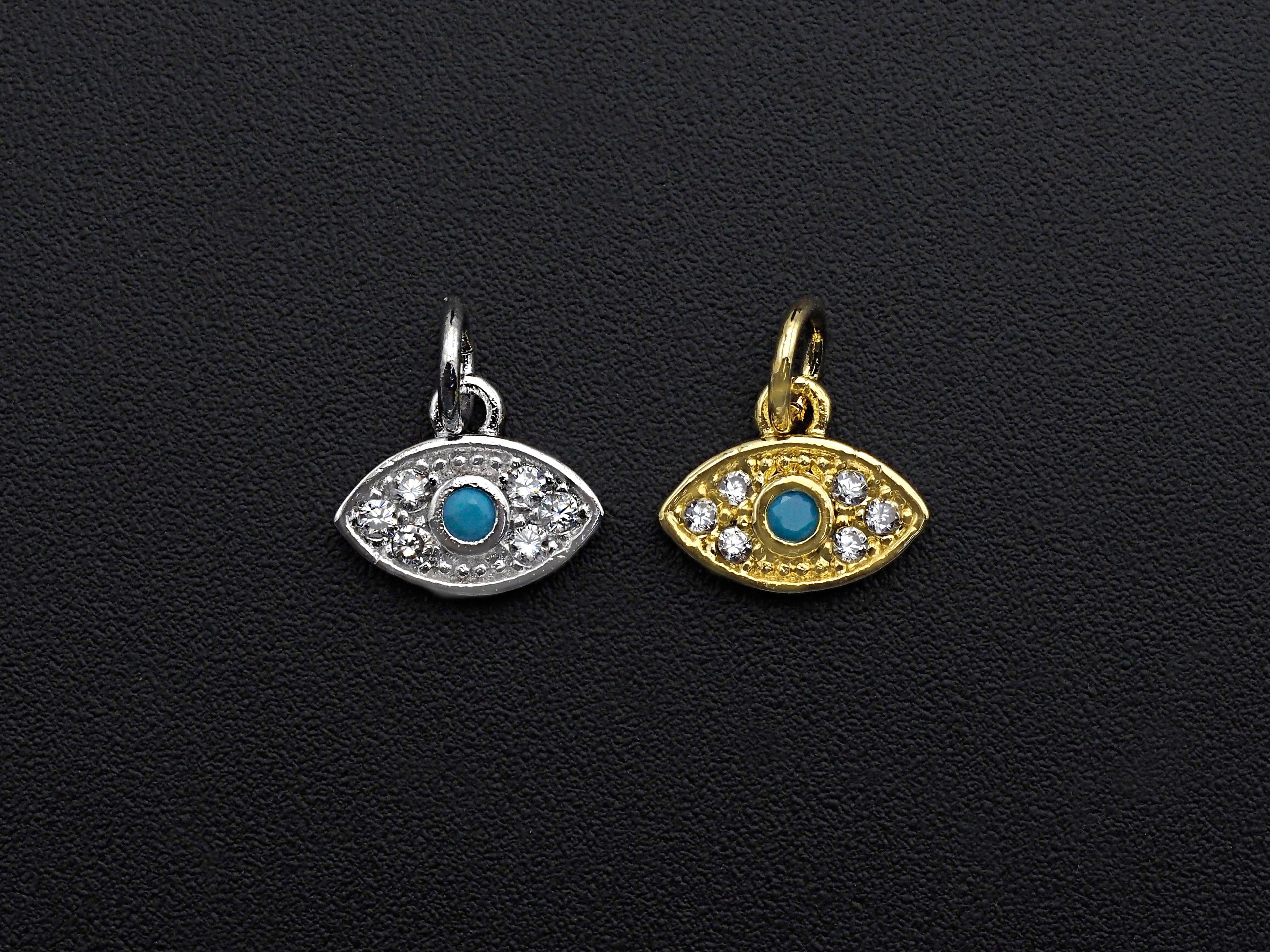 CZ Micro Pave Evil Eye Pendant/Charm, Clear Turquoise Cubic Zirconia Pave Charm, Silver/Gold Plated, 8x10mm, sku#Z777