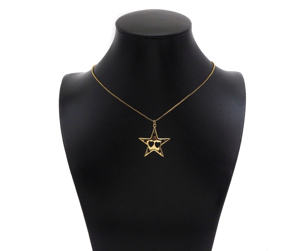 18K Dainty Gold Hollow Out Heart and Star On Five Point Star Shape Pendant, Necklace Bracelet Charm Pendant, 29x30mm, Sku#F1394