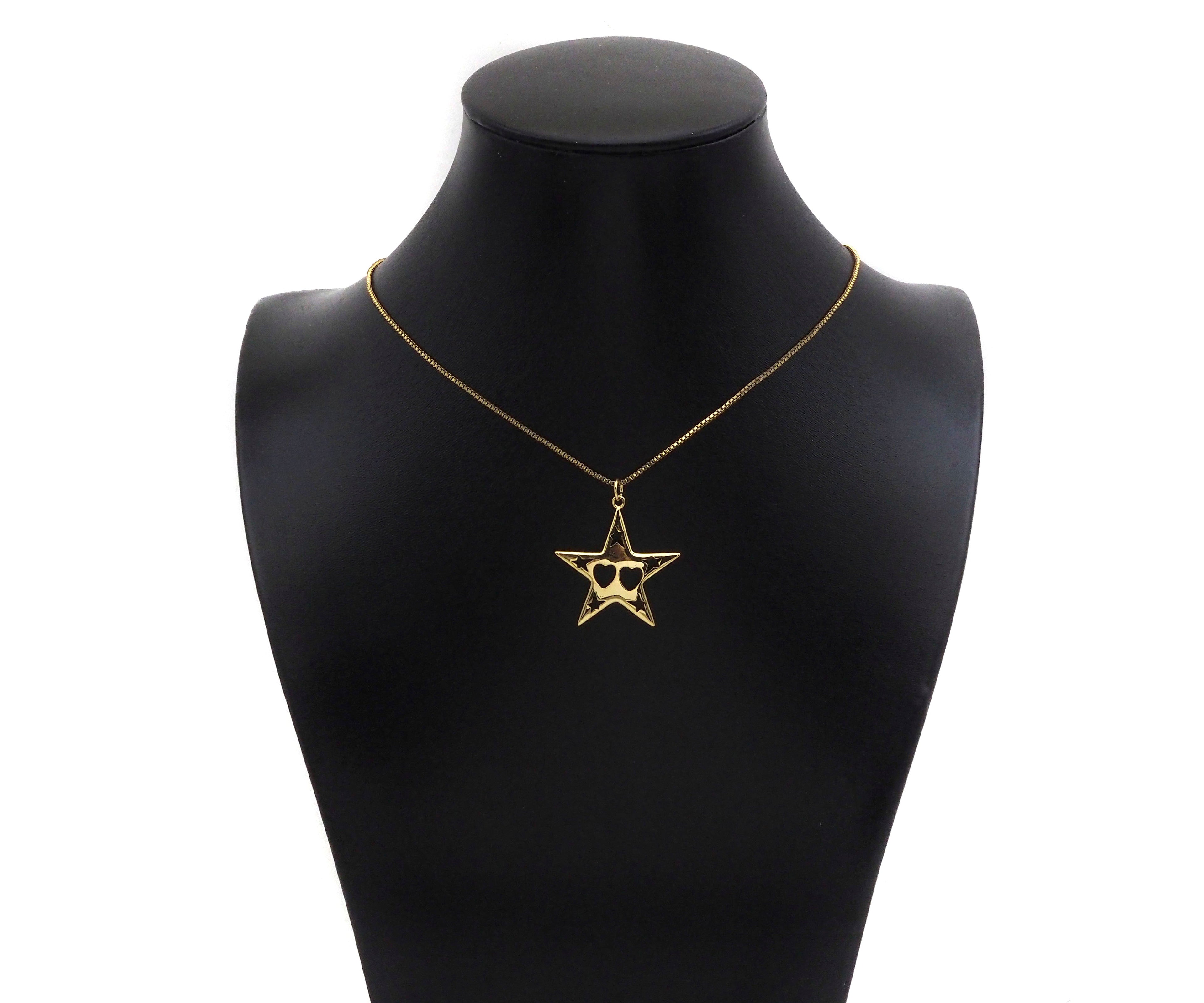 18K Dainty Gold Hollow Out Heart and Star On Five Point Star Shape Pendant, Necklace Bracelet Charm Pendant, 29x30mm, Sku#F1394