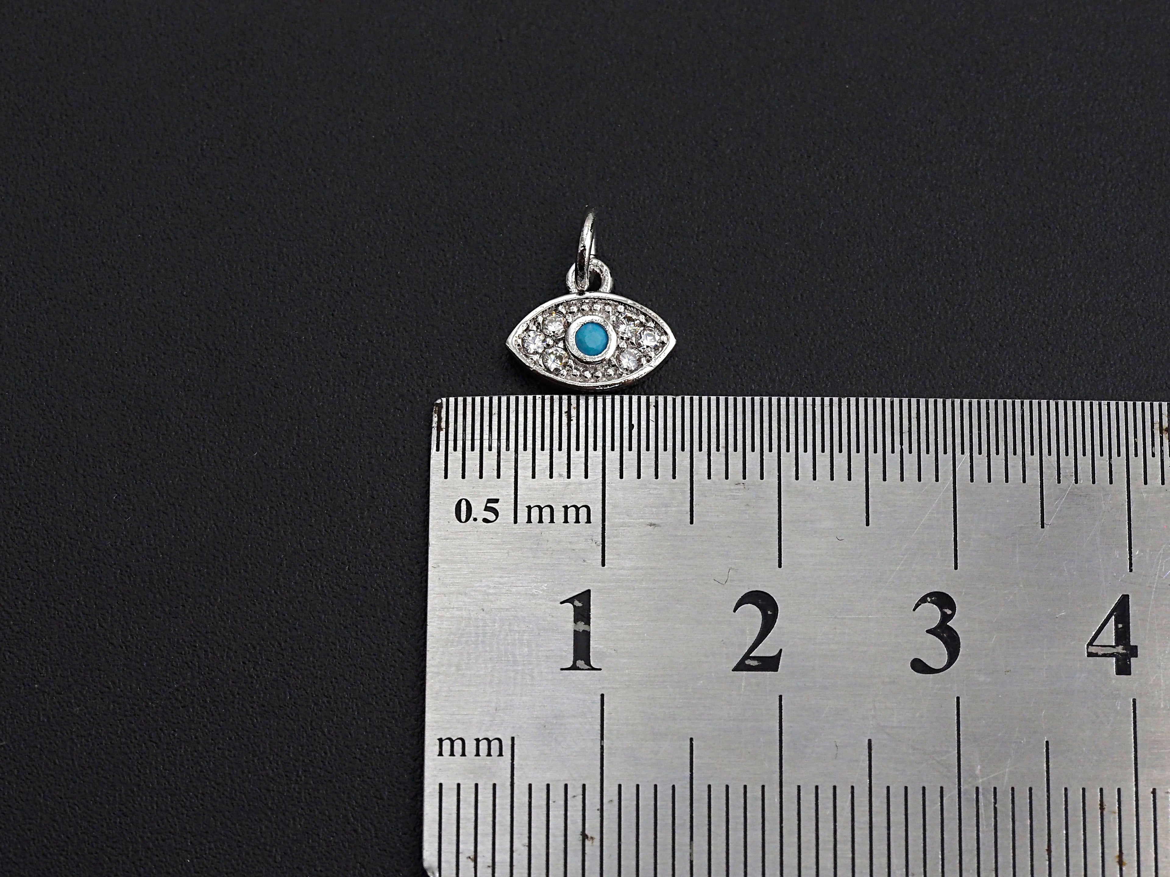 CZ Micro Pave Evil Eye Pendant/Charm, Clear Turquoise Cubic Zirconia Pave Charm, Silver/Gold Plated, 8x10mm, sku#Z777